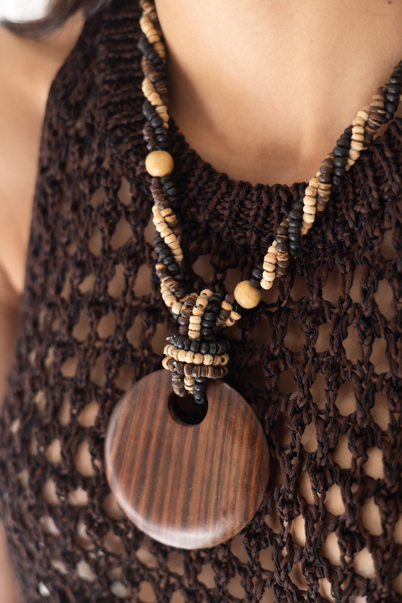 Vintage Tribal Wood Pendant Necklace