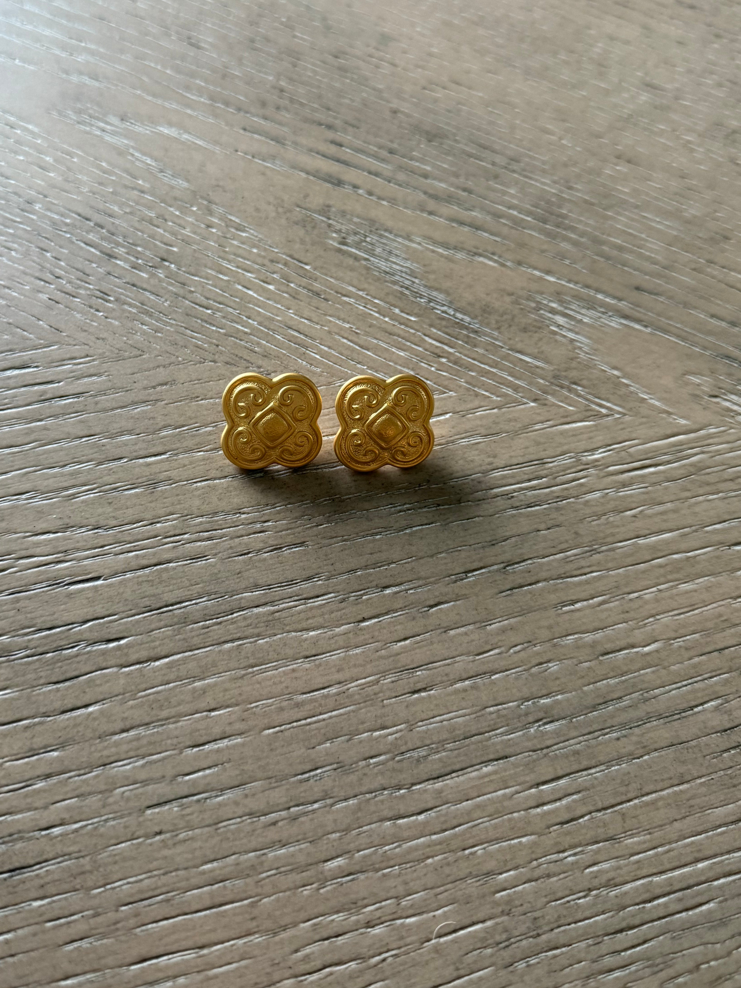 Vintage Brushed Gold Stud Earrings Matte Textured Drop Etruscan Style