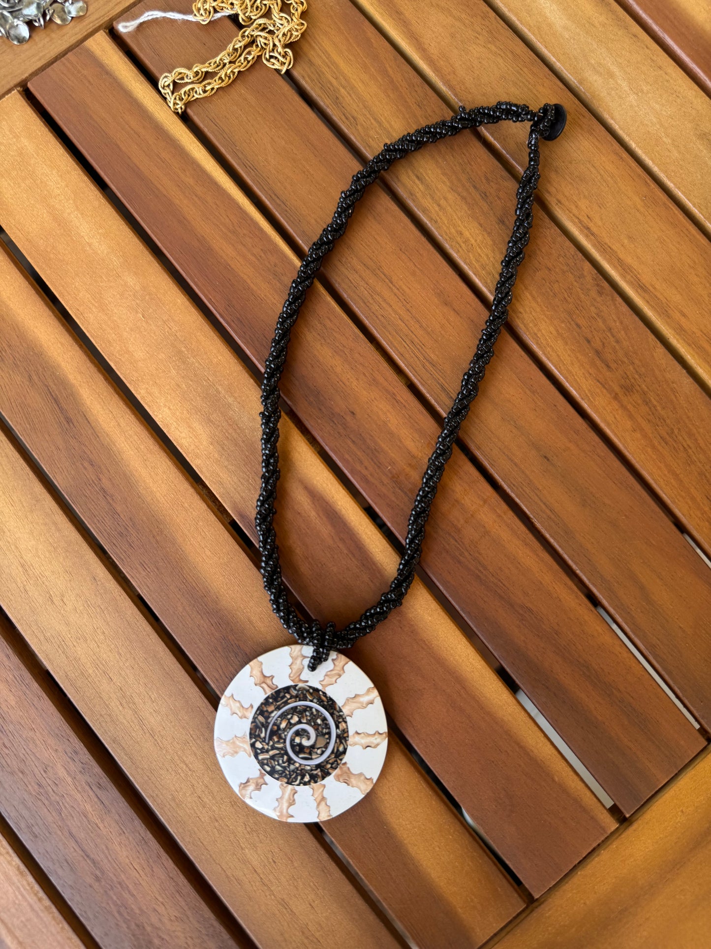 Shell Pendant With Black Beaded Cord