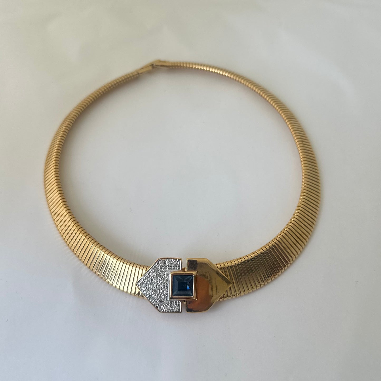 Vintage Omega Collar Necklace with Slider Blue Pendant