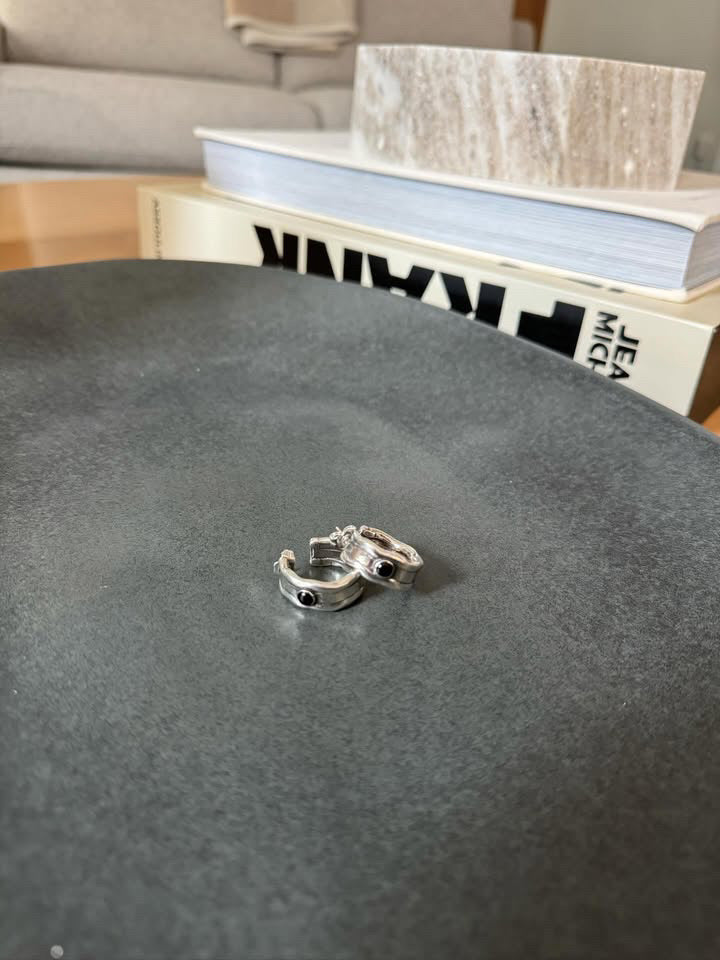 Silver Black Detailed Hoop Earrings