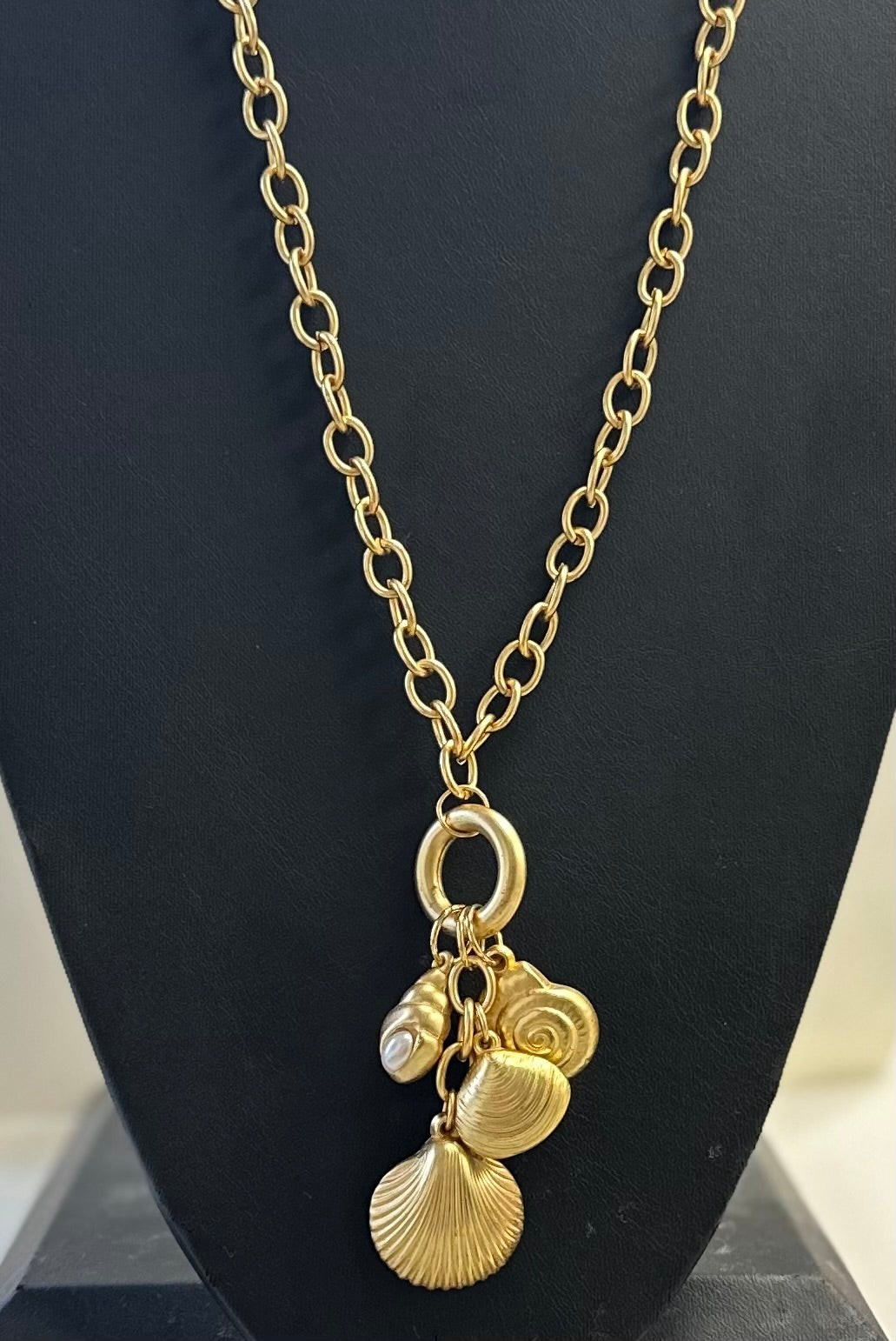 Vintage Long Matte Gold Shell Charm Necklace