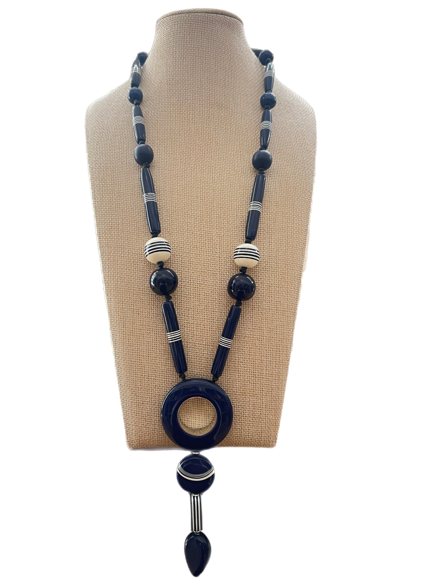 Navy and White Bead-Like Long Necklace