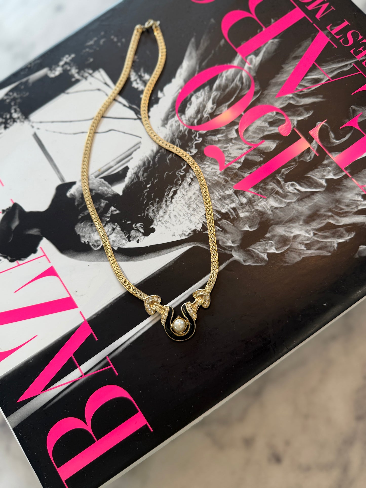 Vintage Black Enamel Gold Rhinestone & Pearl Necklace
