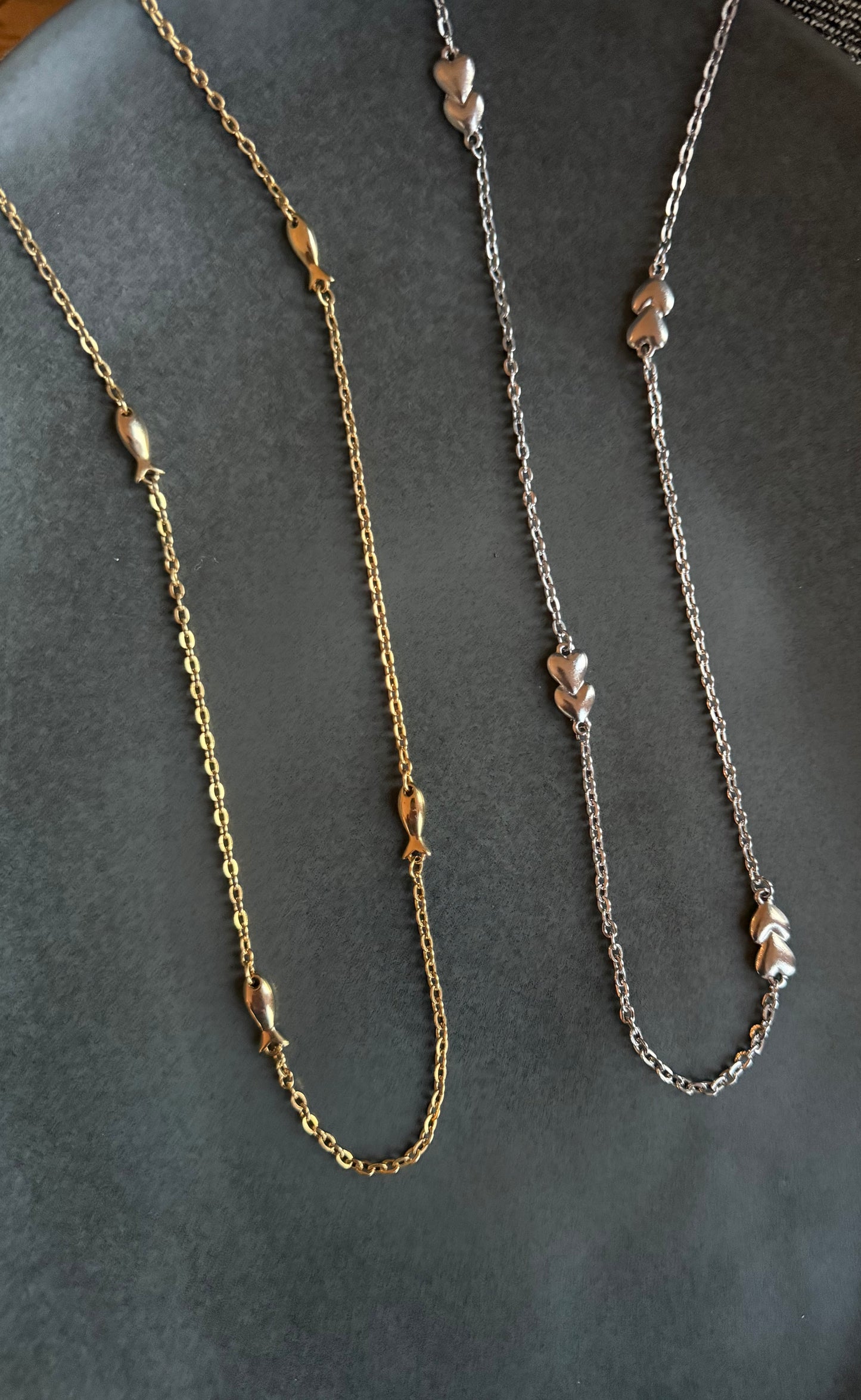 Vintage Necklaces-Vintage Gold Toned Fish & Heart Chain Necklace 1970s