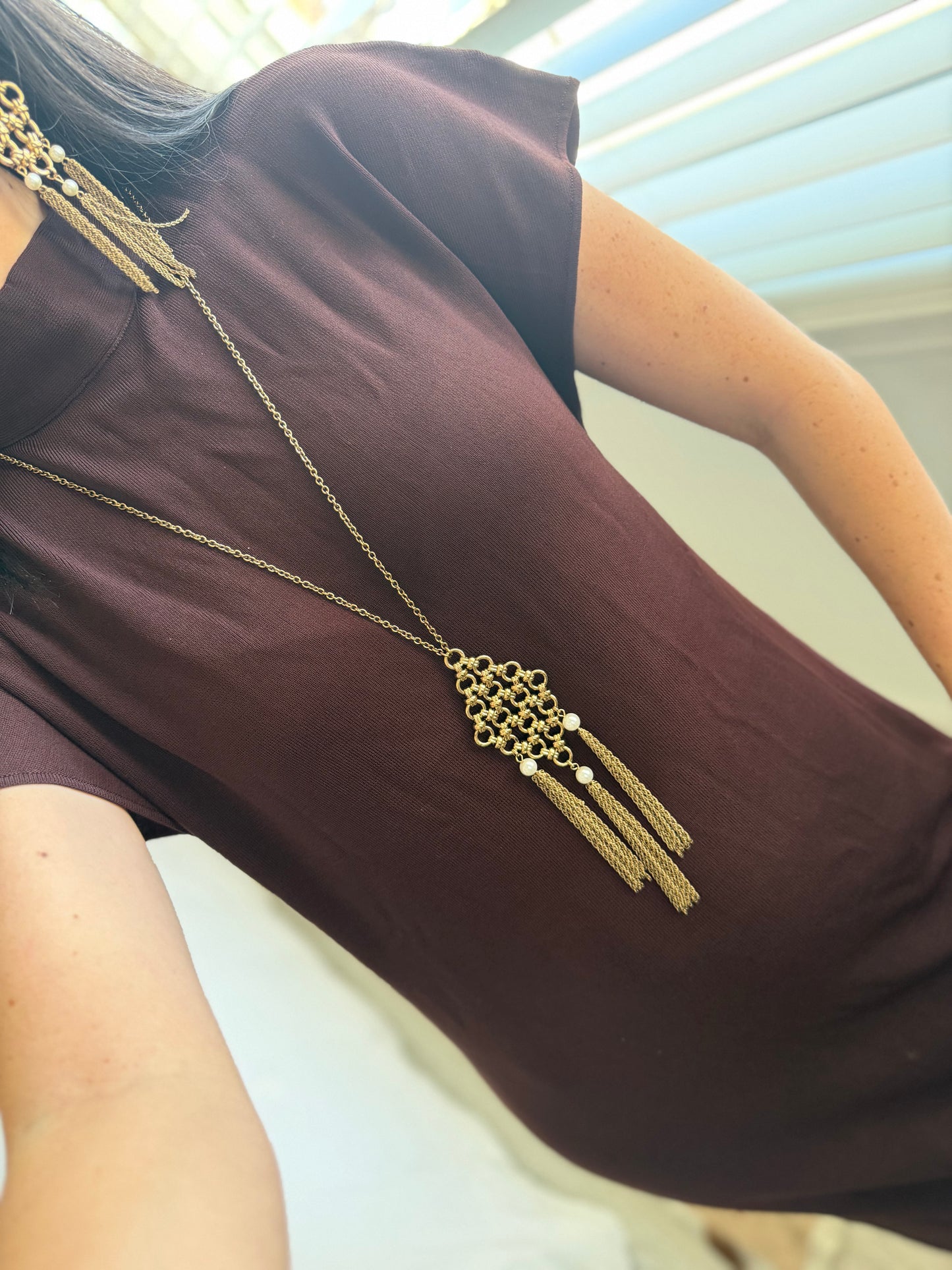 Gold and Pearl Tassel Necklace & Earrings Set