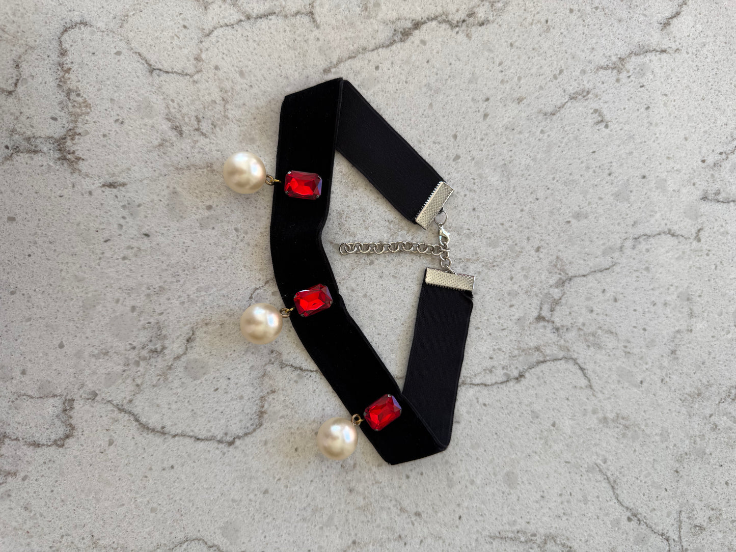 Black Velvet Chocker with Faux Pearls and Rhinestones