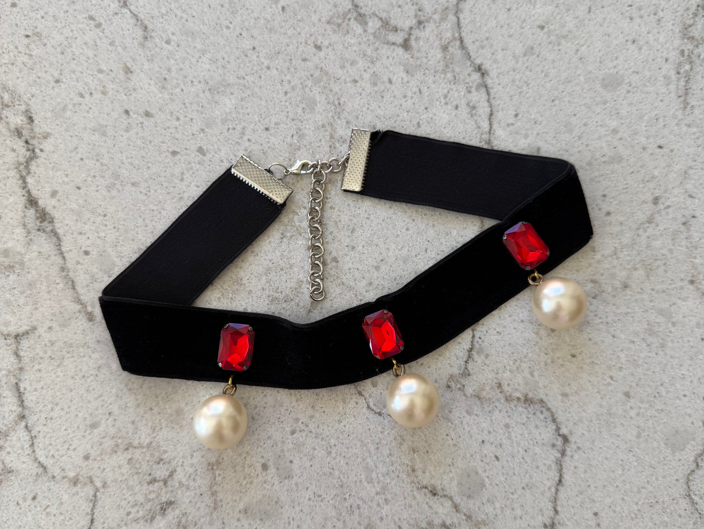 Black Velvet Chocker with Faux Pearls and Rhinestones