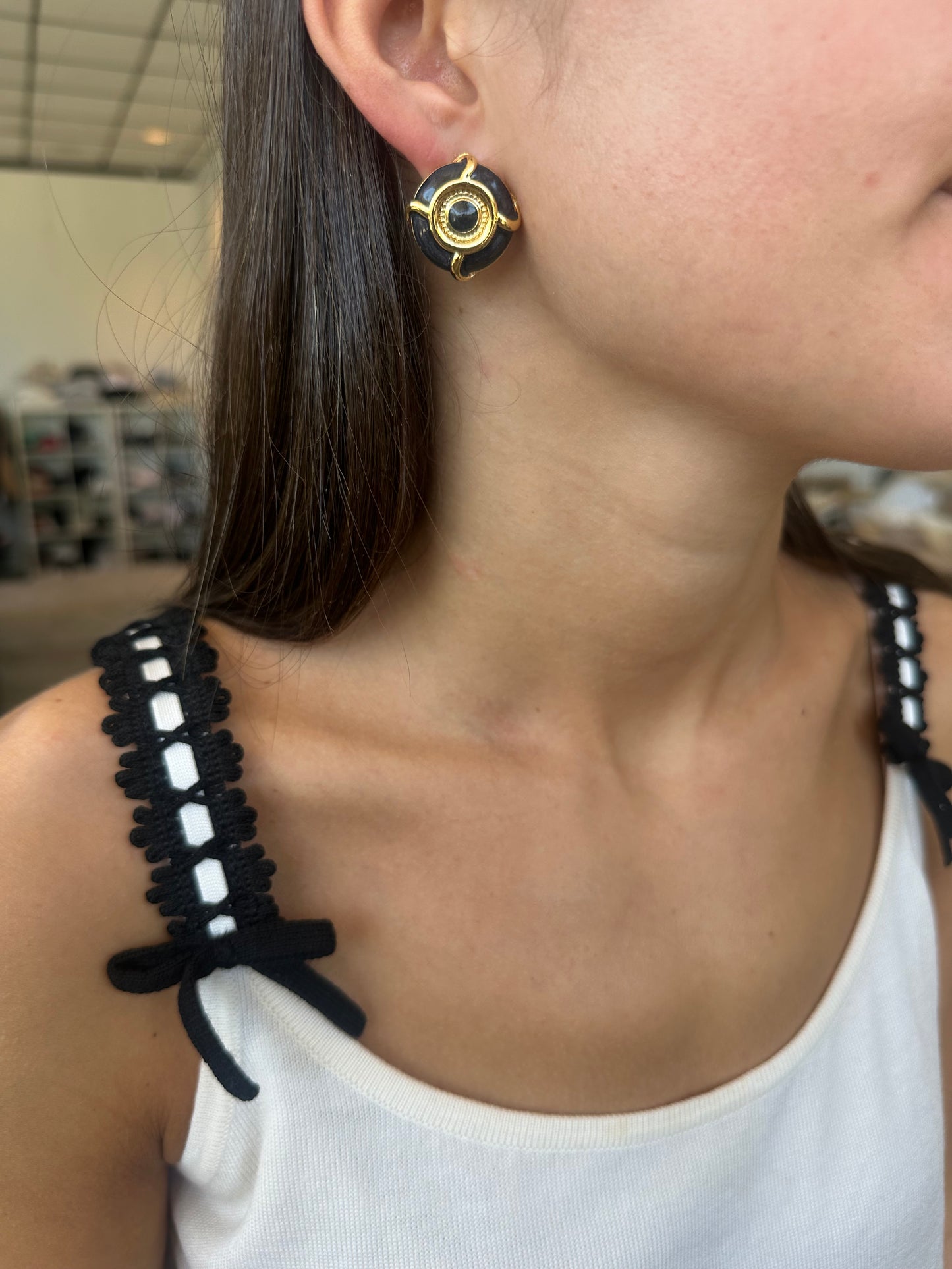 Gold and Navy Enamel Earrings