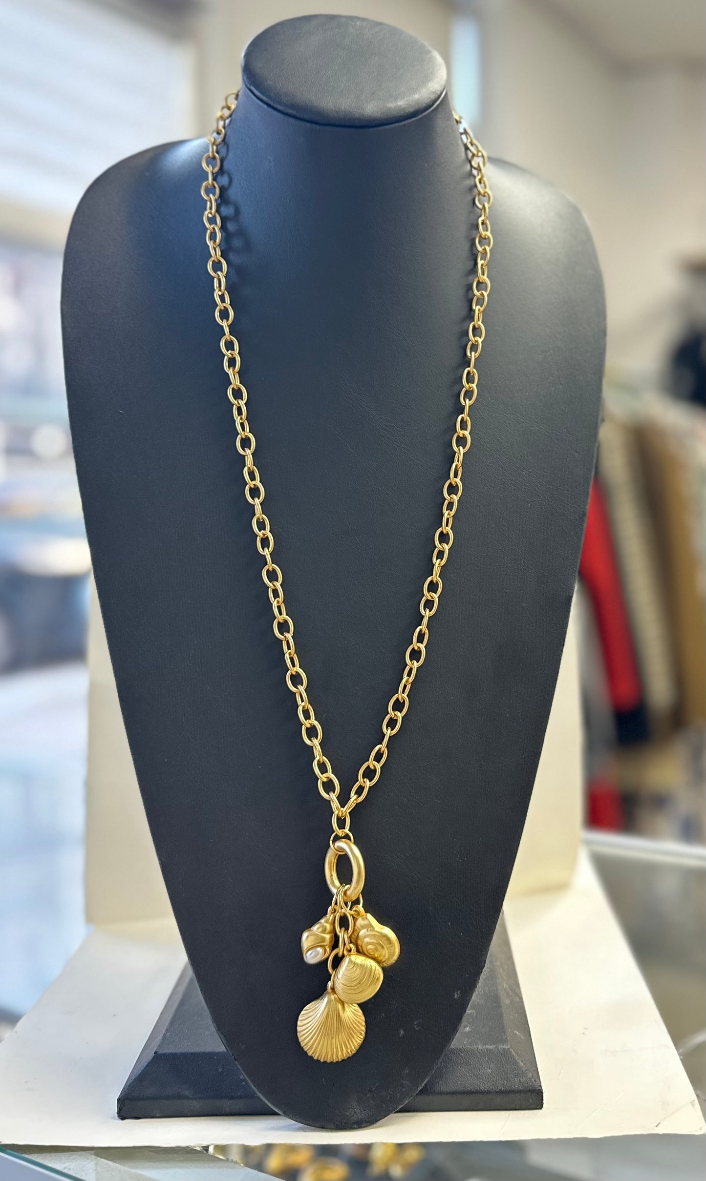 Vintage Long Matte Gold Shell Charm Necklace