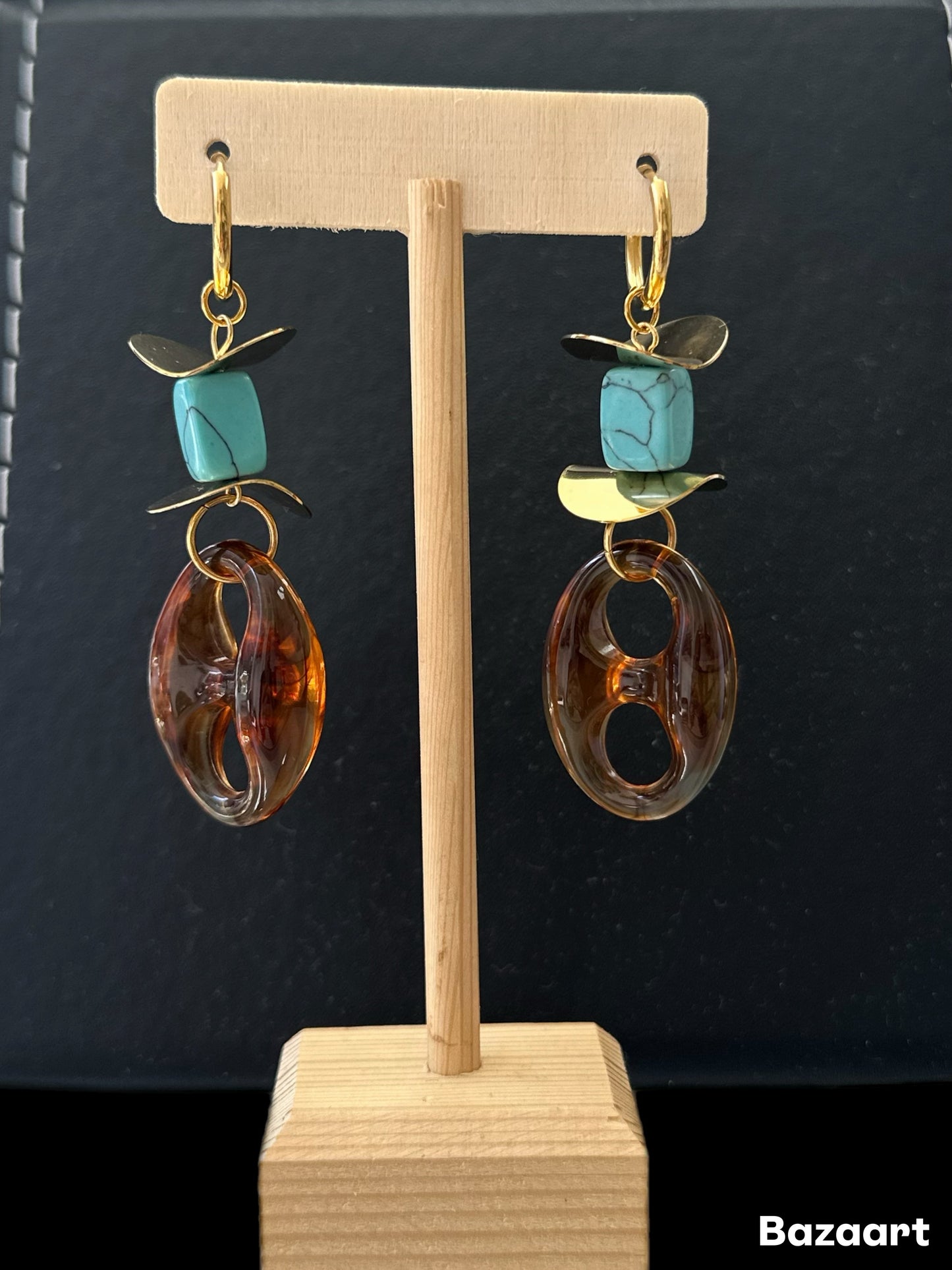 Turquoise Gold And Brown Coffee Bean Hanging Earring