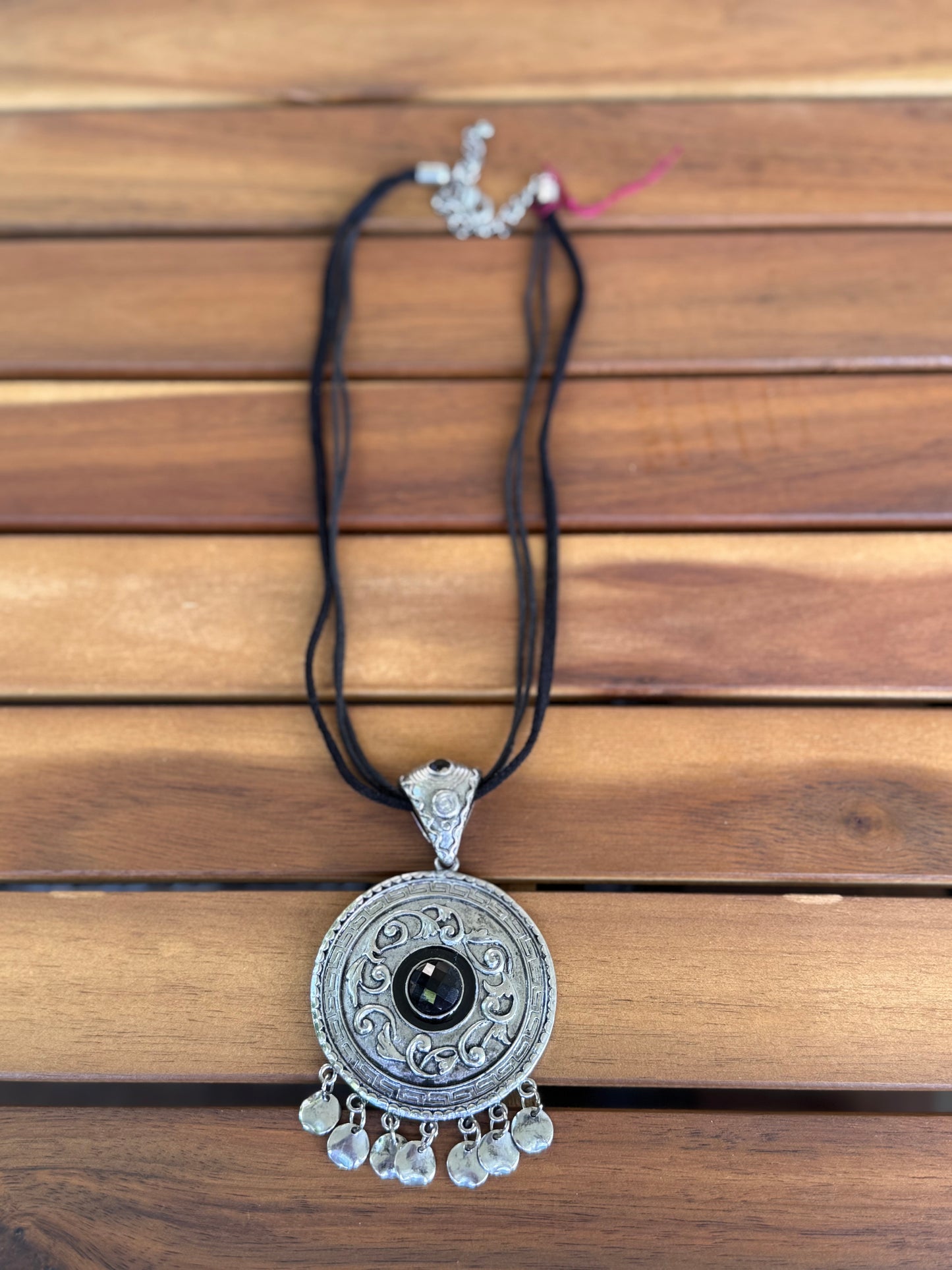 Black Cord With Silver Black Stone Pendant Necklace