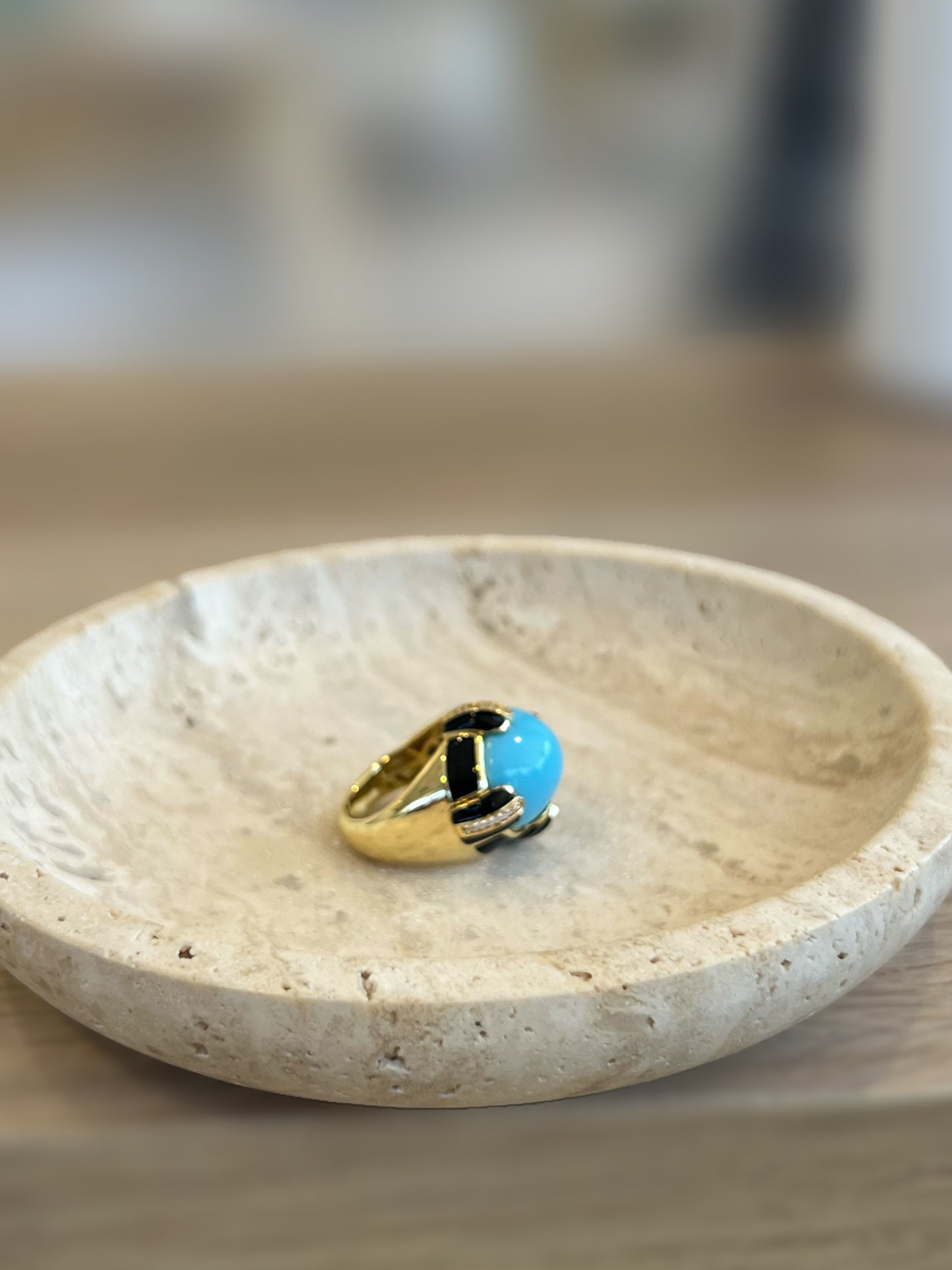 Turquoise Black And Crystal Ring