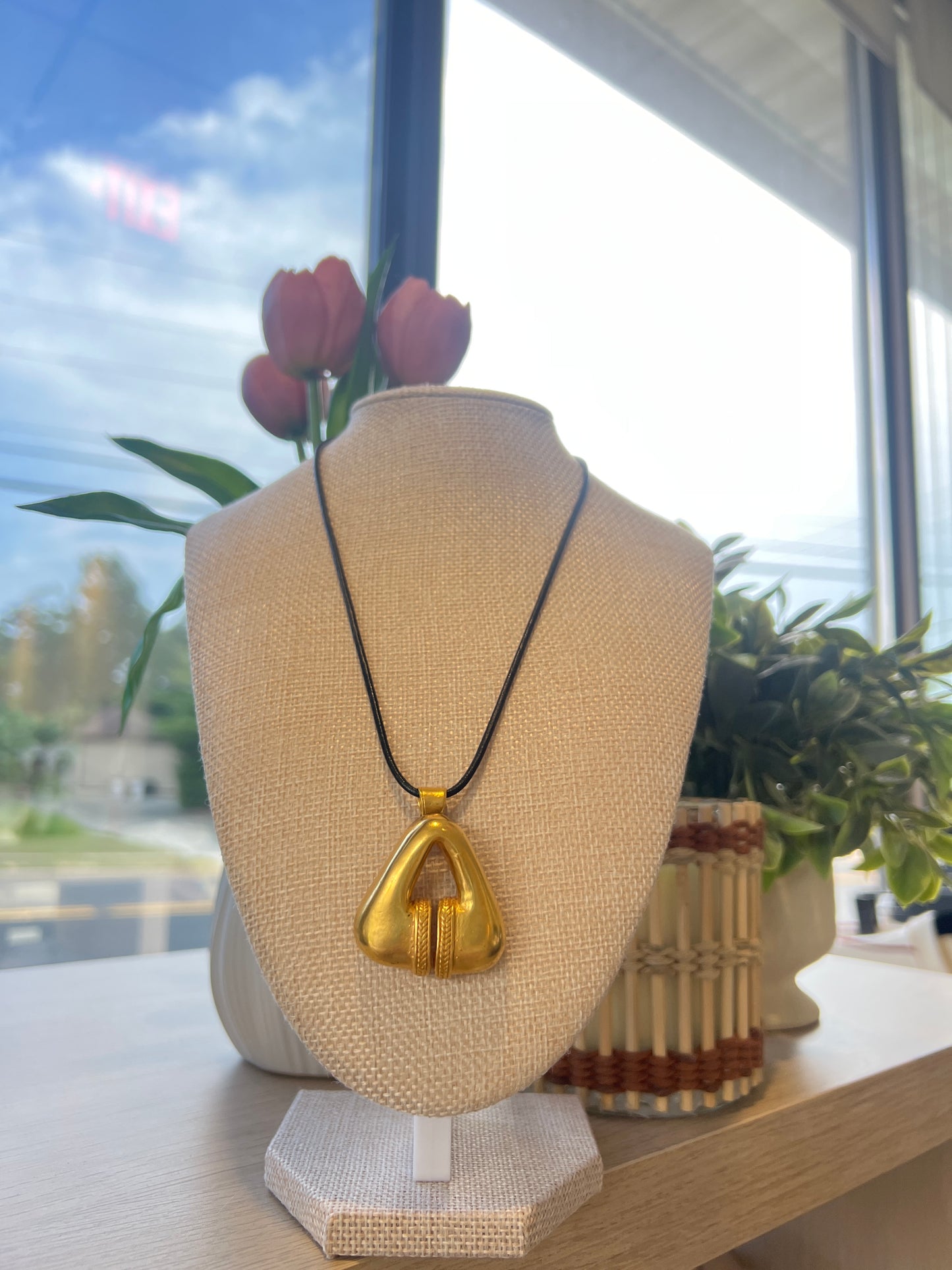 Black Leather Gold Pendant Necklace