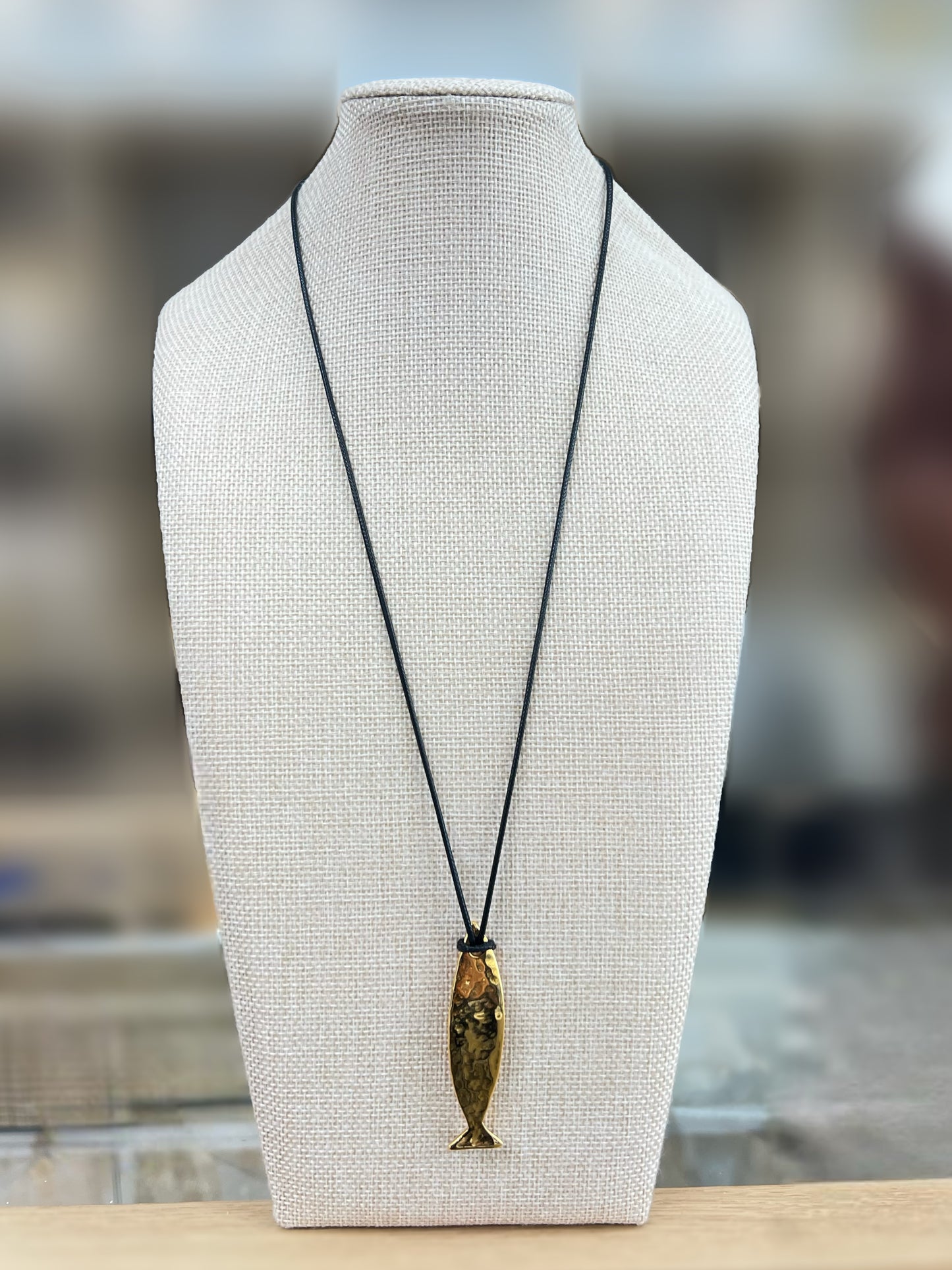 Gold Hammered Fish With Black Cord