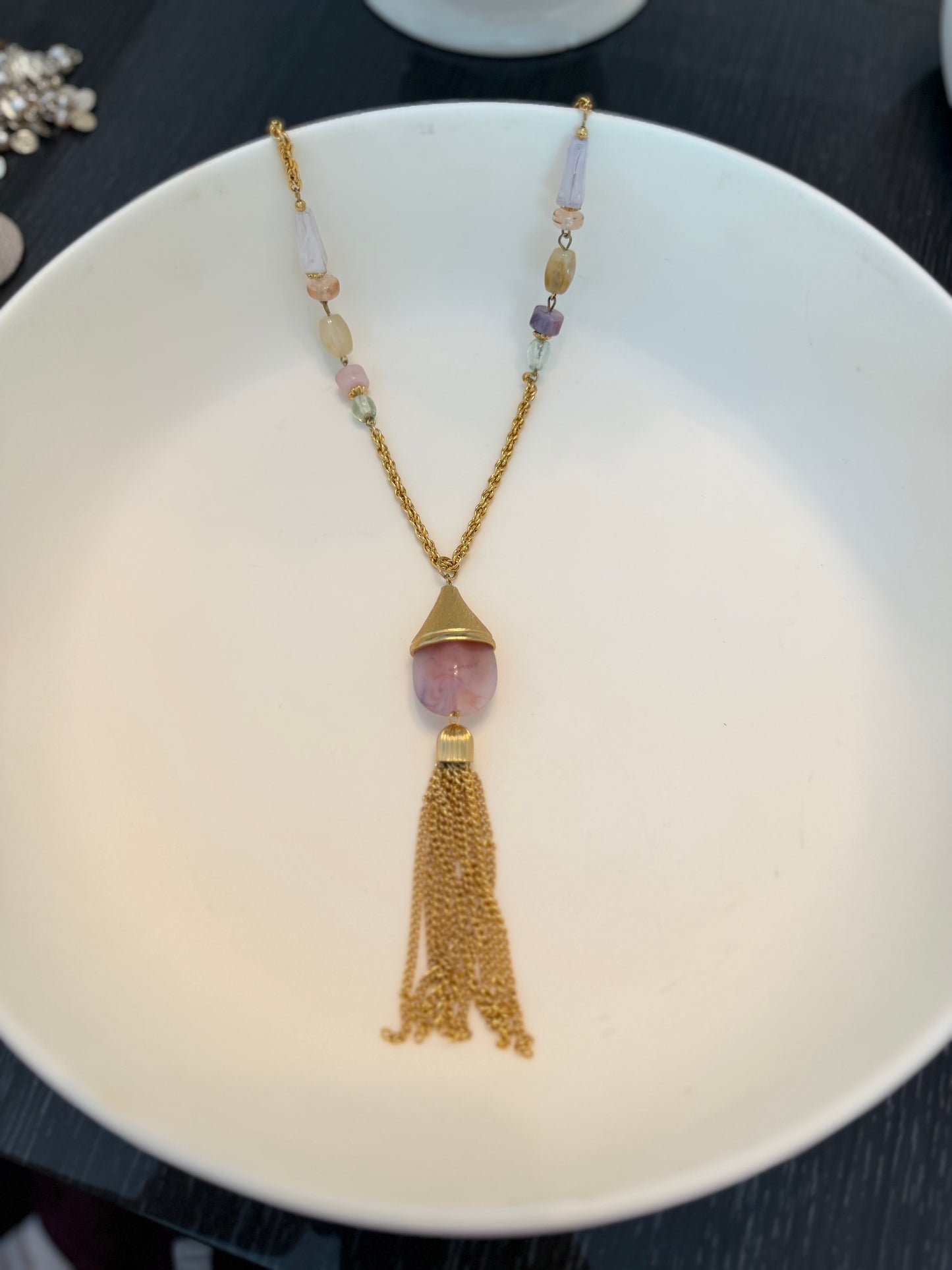 Vintage Tassel Necklace With Lucite Beads