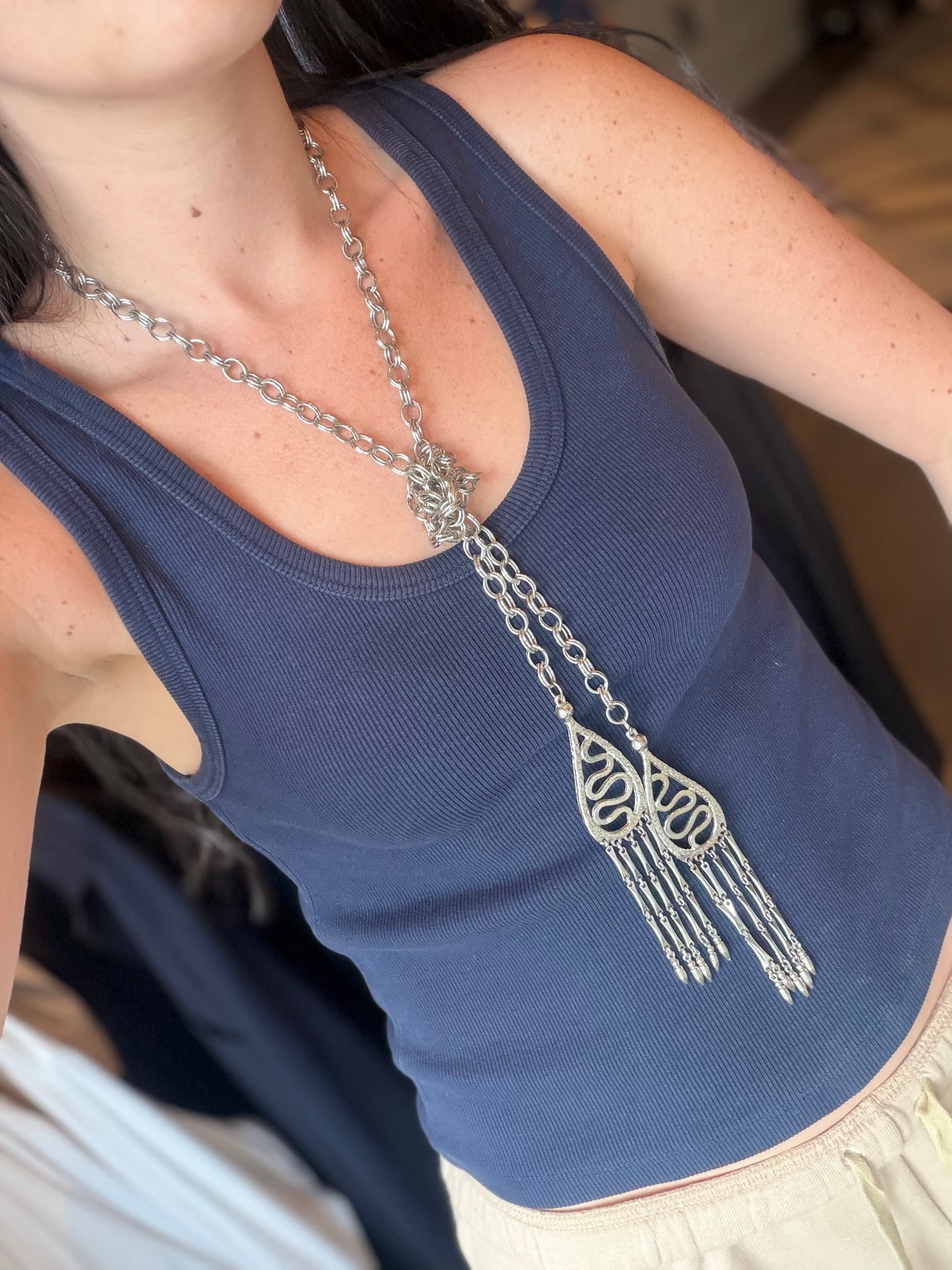 Vintage Silver Lariat Wrap Around Necklace