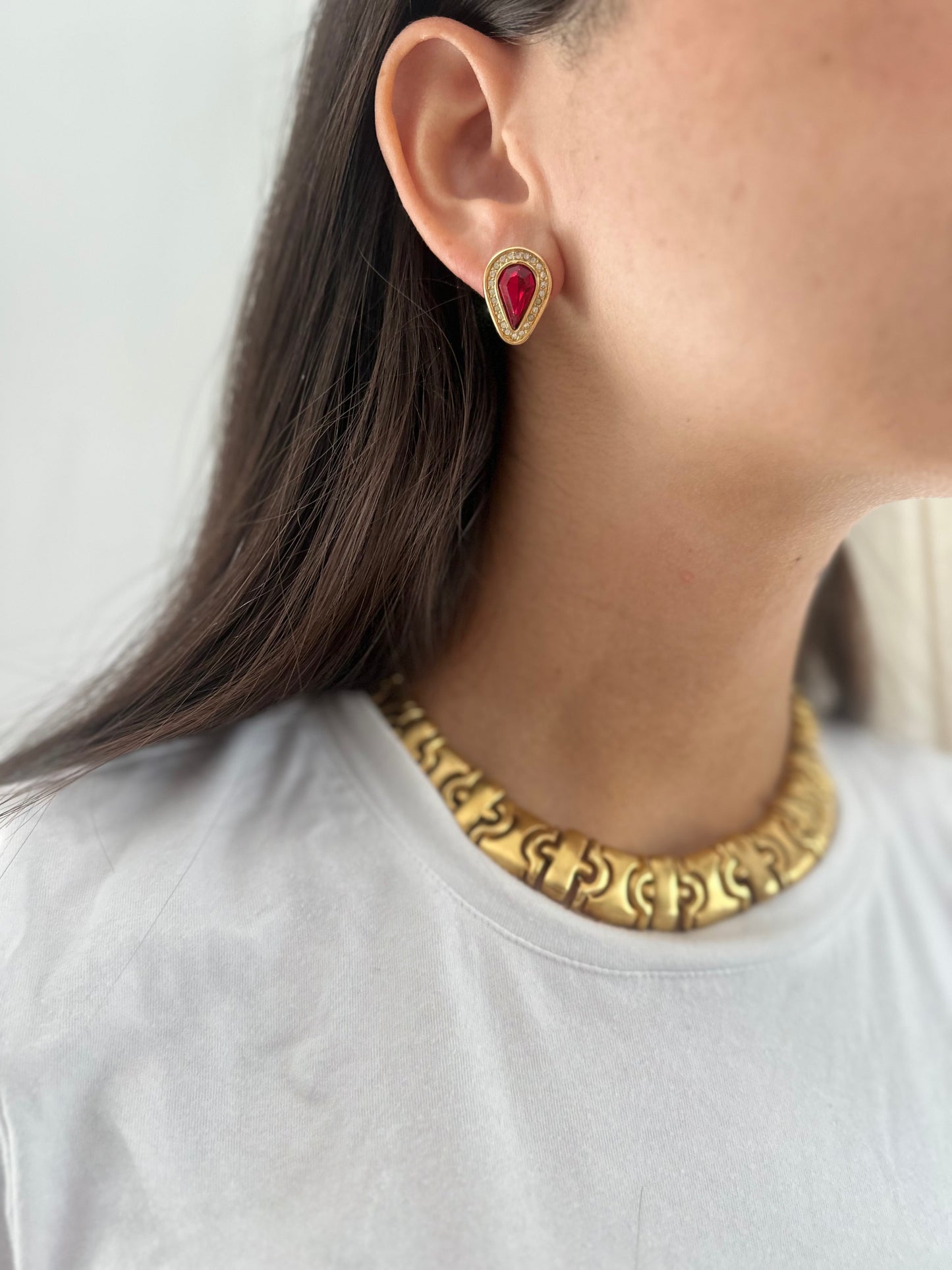 Gold Tone Ruby Red Crystal Earrings