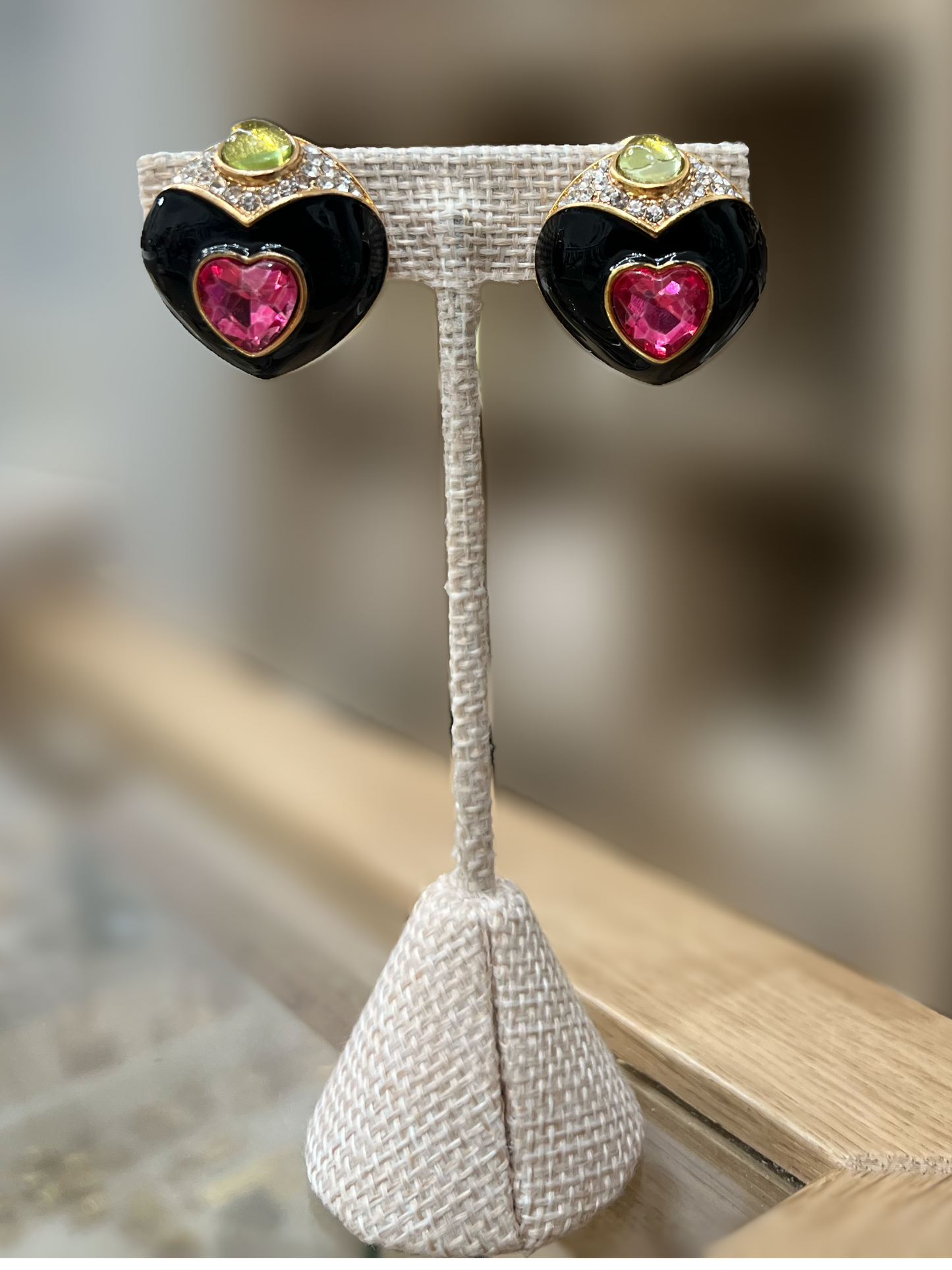 Black Heart With Pink and Green Stone Earring