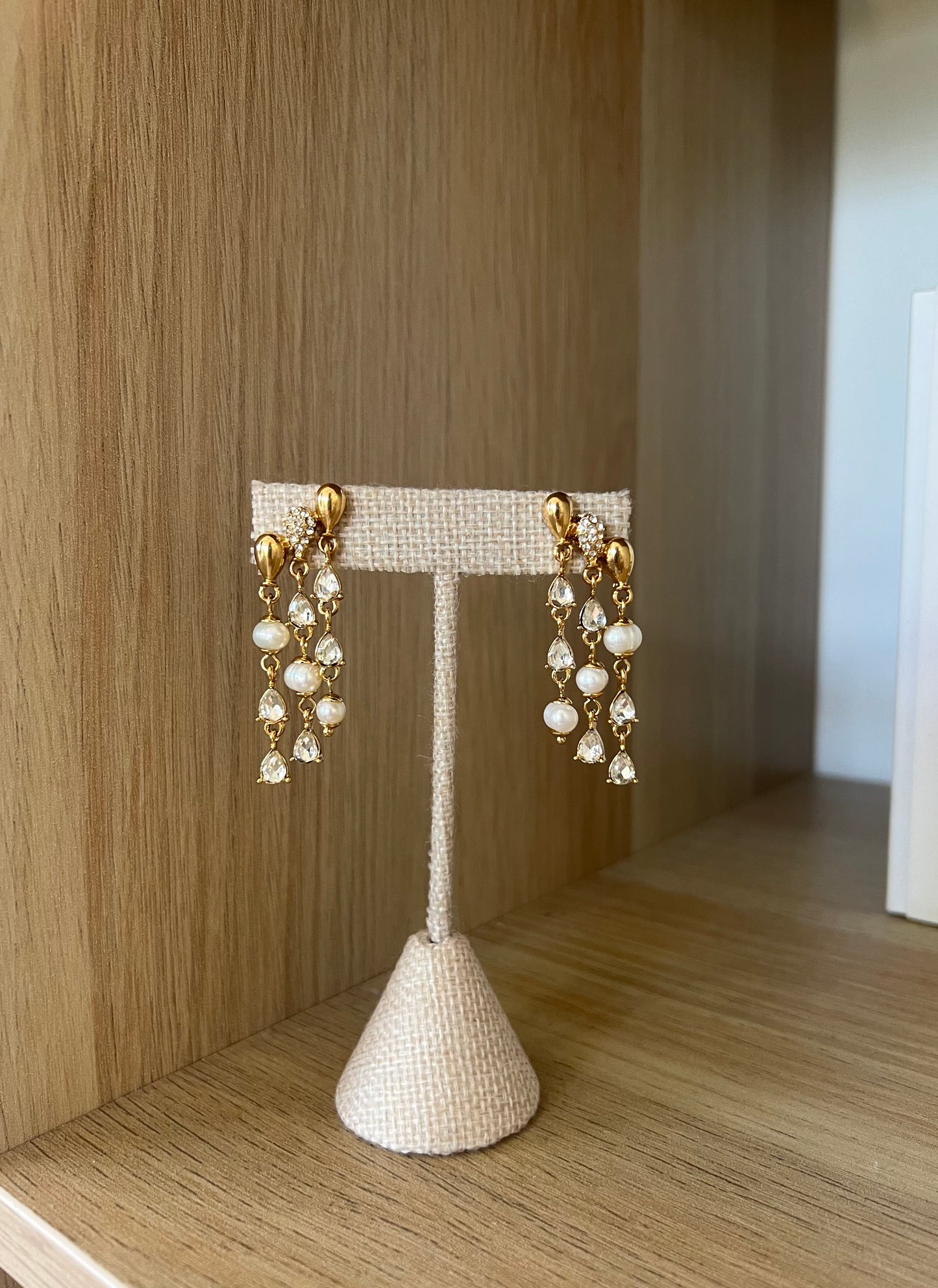 Pearl And Crystal Three Strand Dangle Earring