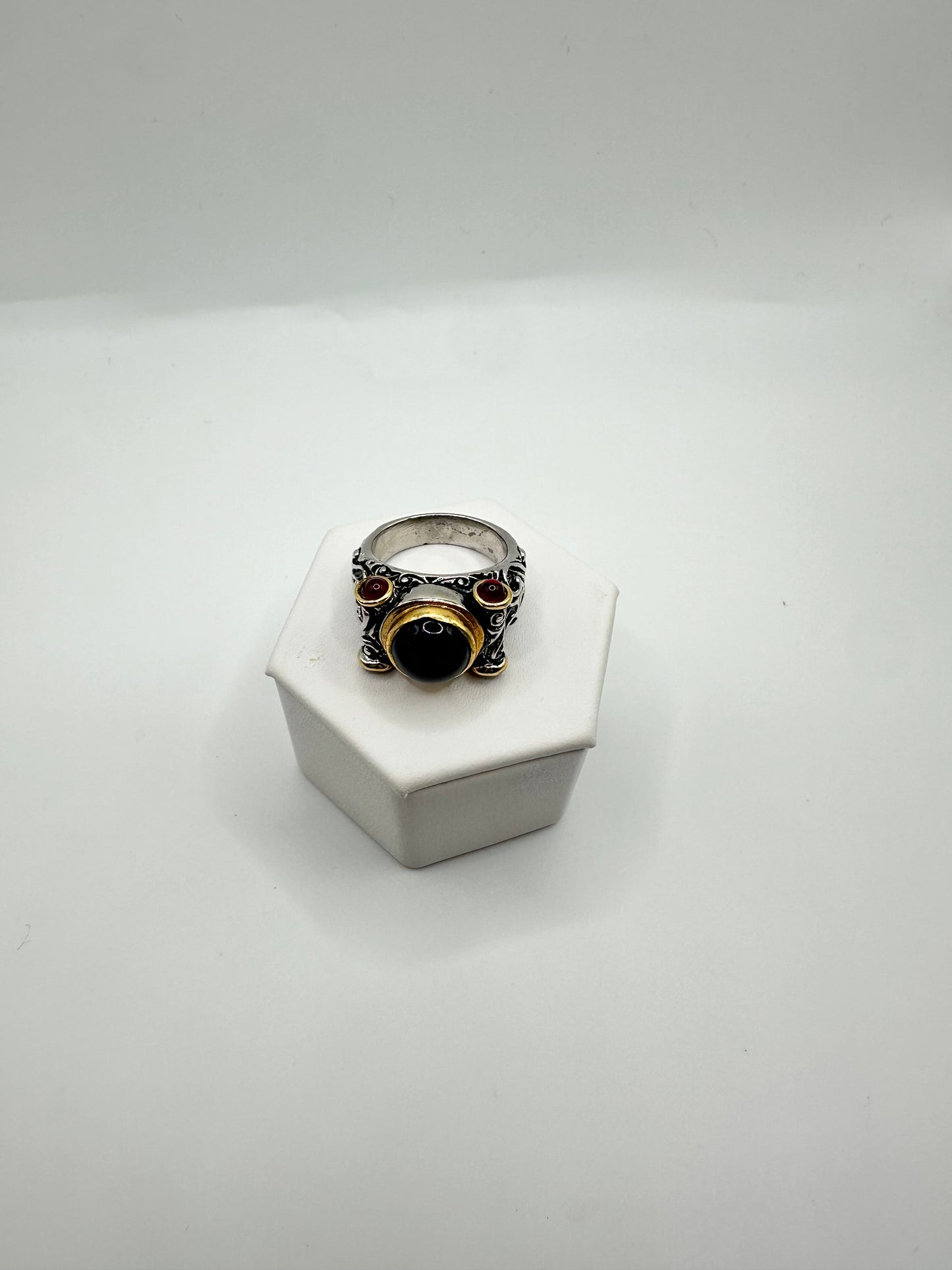 Black and Ruby Cabochon Stone Ring