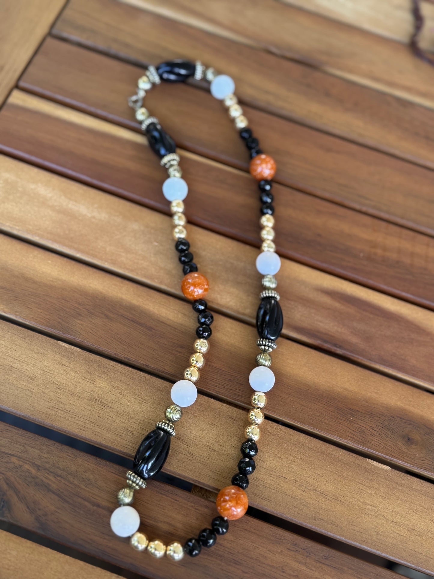 Gold Black And Orange Beaded Necklace