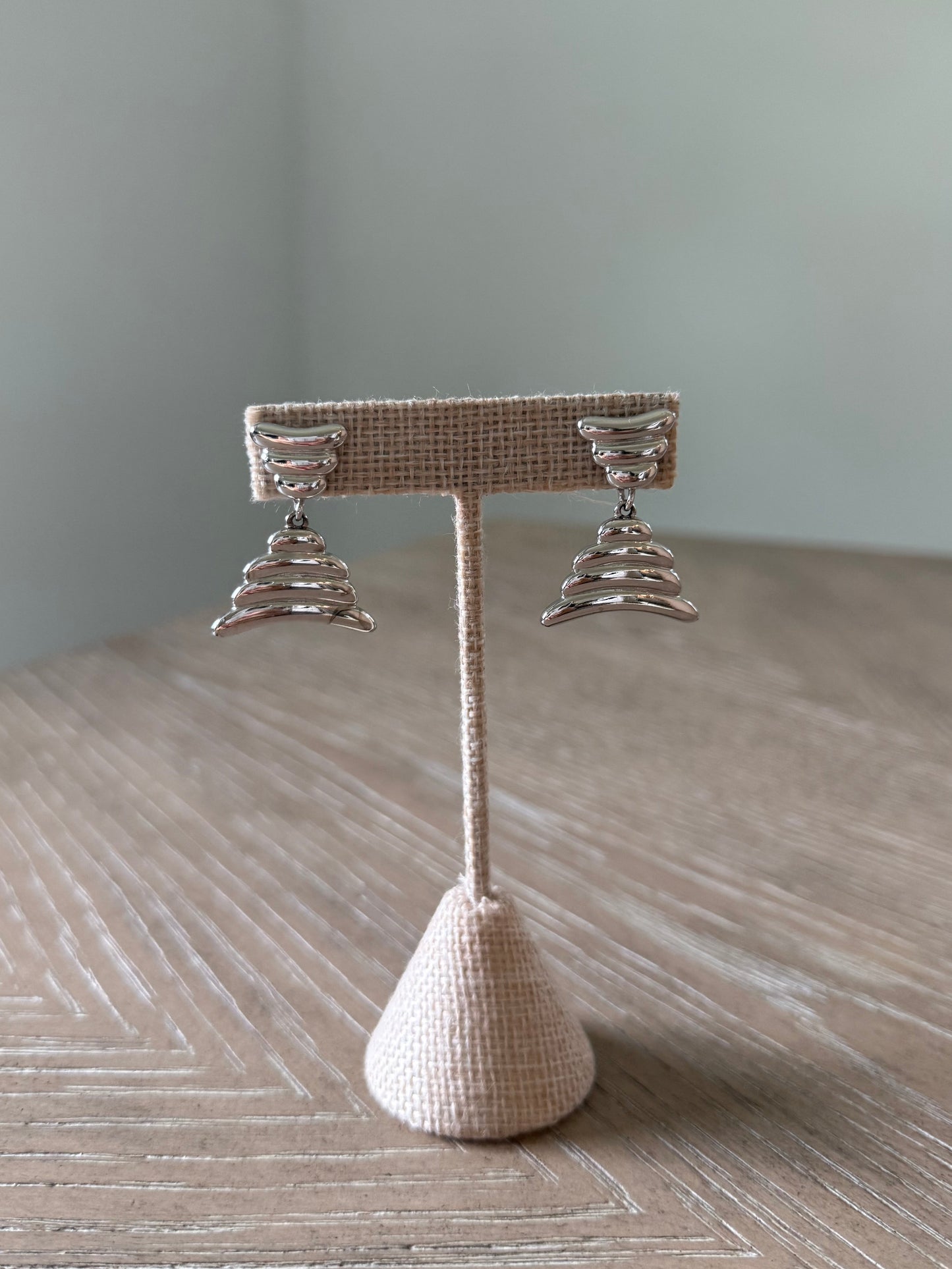 Silver Double Triangle Ribbed Earrings