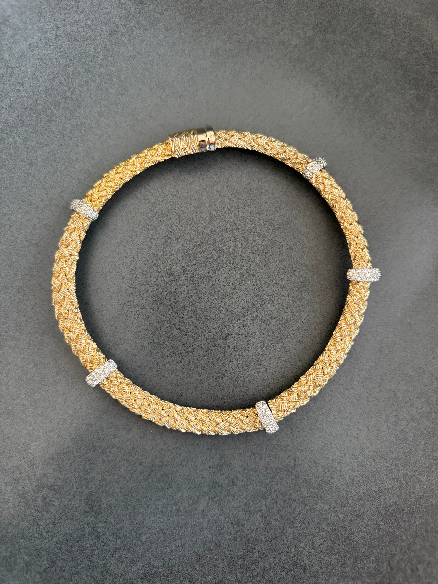 Vintage Collar Choker Necklace Crystal Weaved Brushed Gold Chunky 1980s