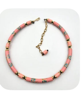 Pink Ceramic Blue Flower Gold Tone Beaded Necklace