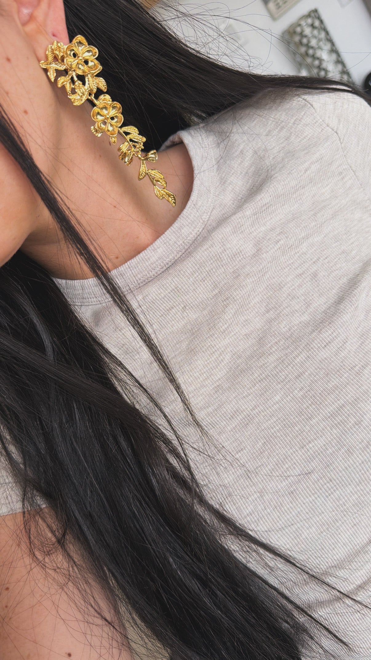 Gold Floral Hanging Clip On Earrings