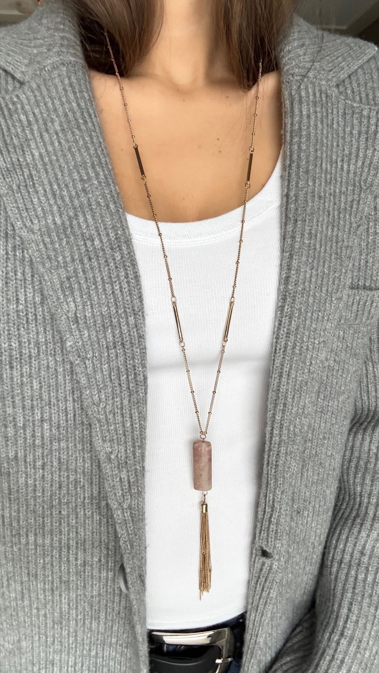 Long Pink Stone Gold Tassel Necklace