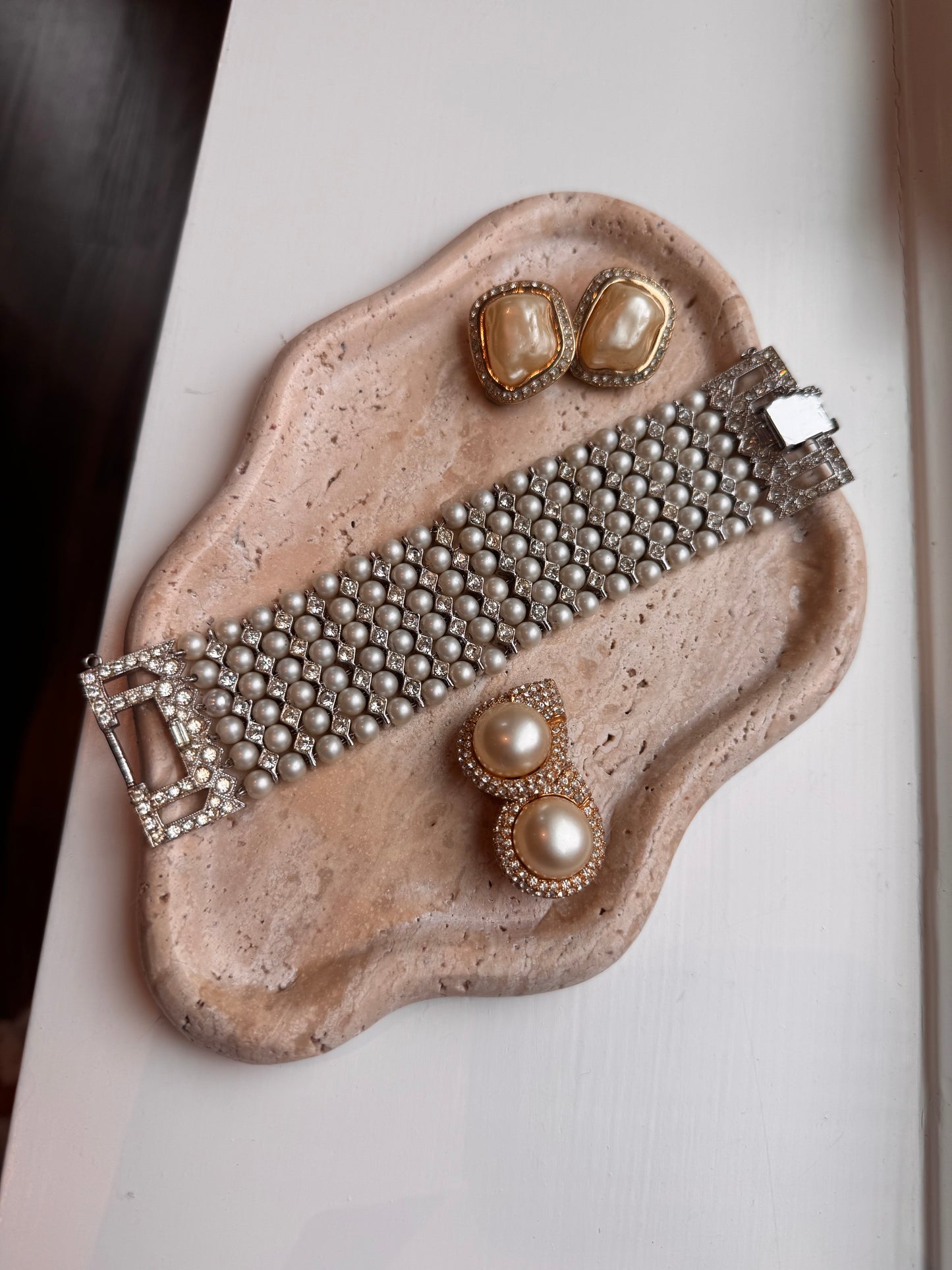Vintage Pearl & Rhinestone Wide Statement Bracelet