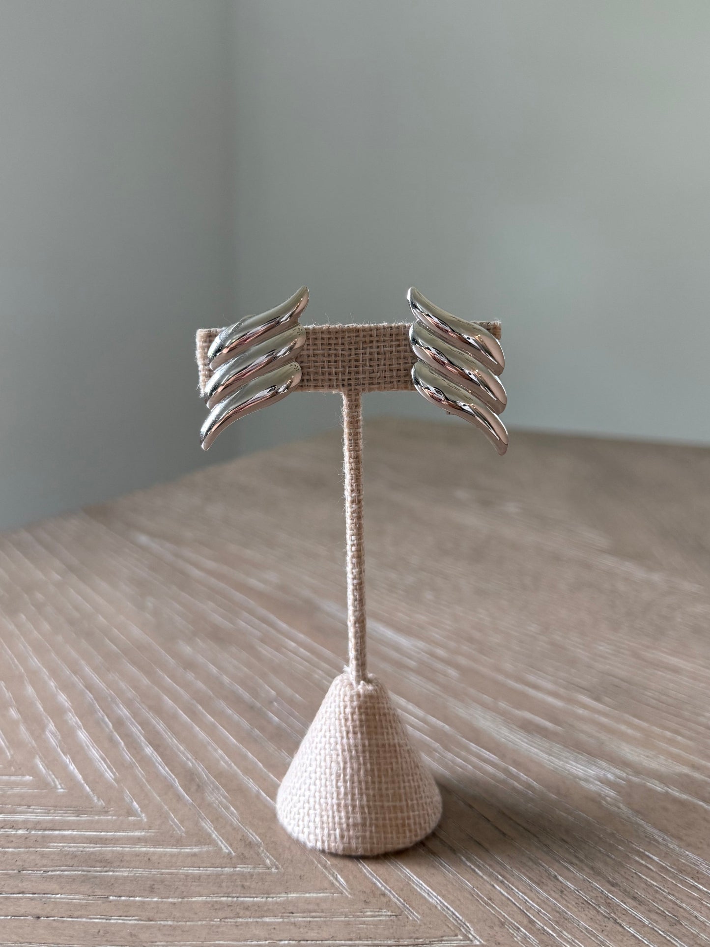 Three Lined Silver Wings Earrings