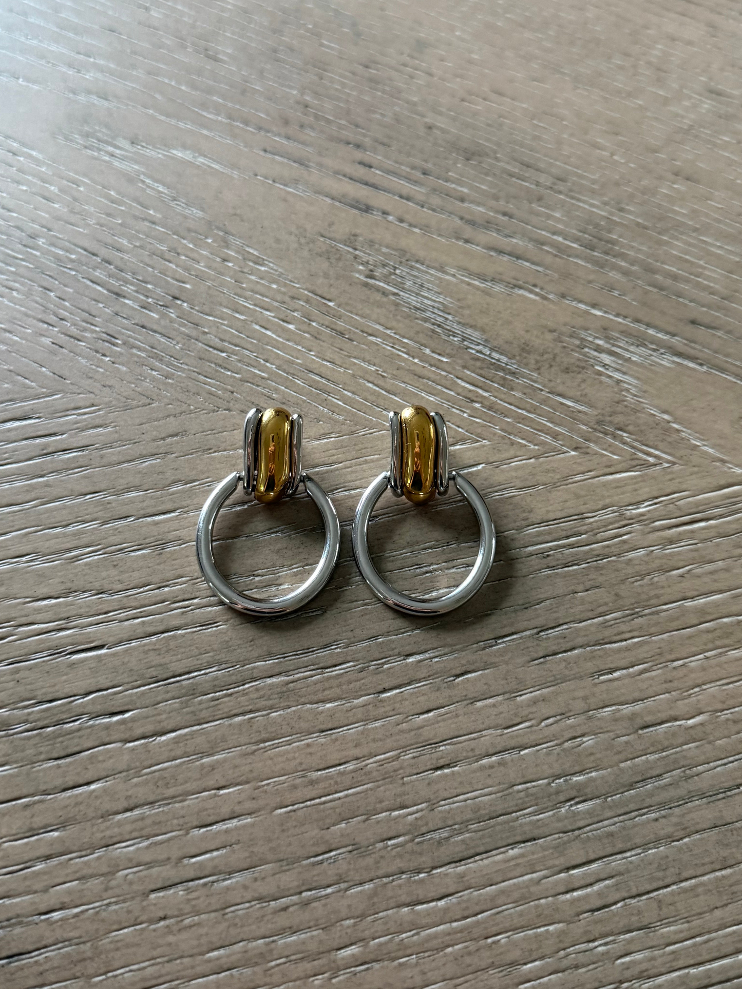 Vintage Two Tone Door Knocker Hoop Earrings Gold Silver Tone Pierced