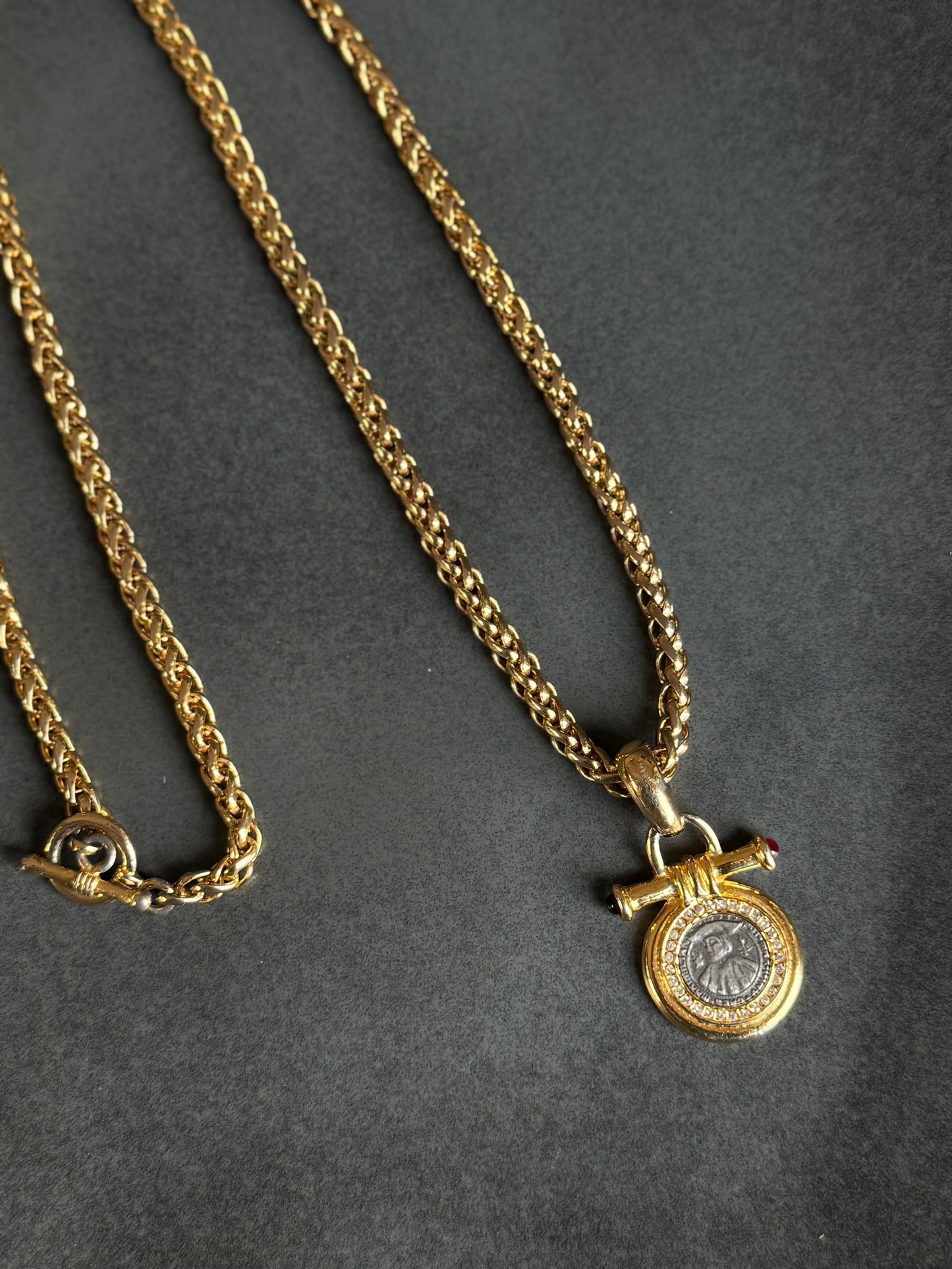 Vintage Coin Medallion Pendant With Clear Red Green Crystal Accents Gold Tone Metal Byzantine Link Chain Necklace