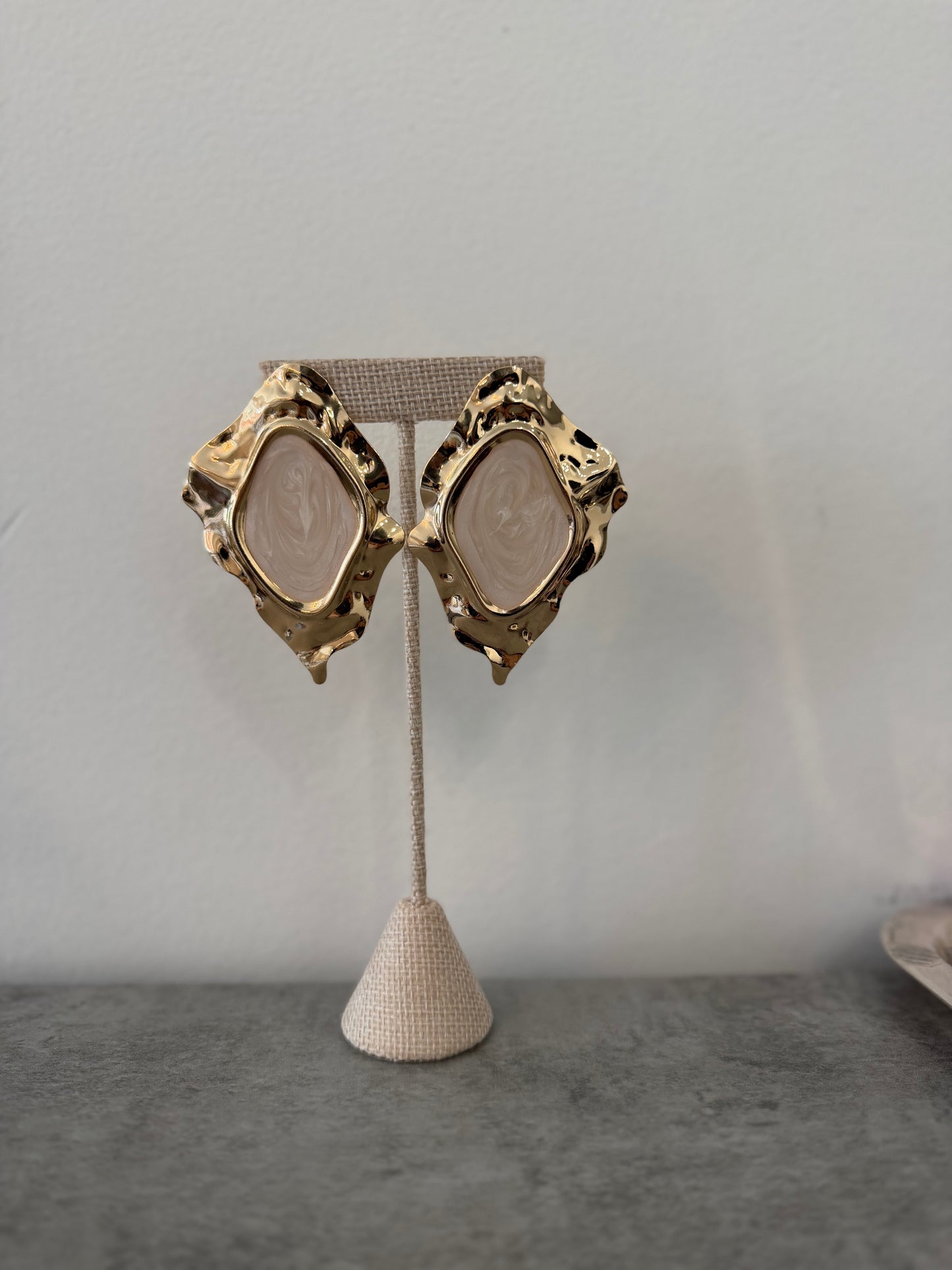 Gold Hammered and White Enamel Oversized Earrings