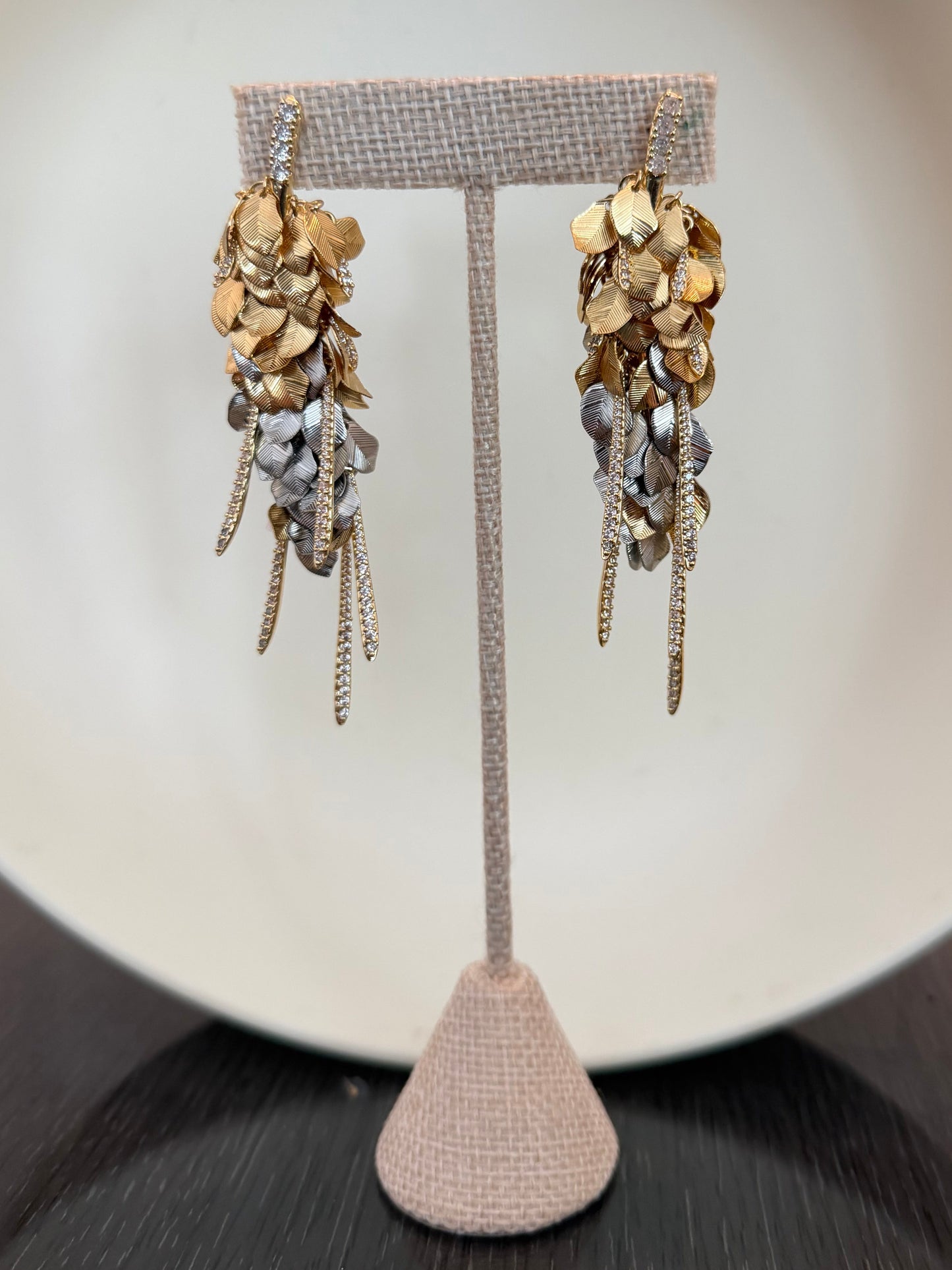 Two Tone Leaf Crystal Hanging Earrings