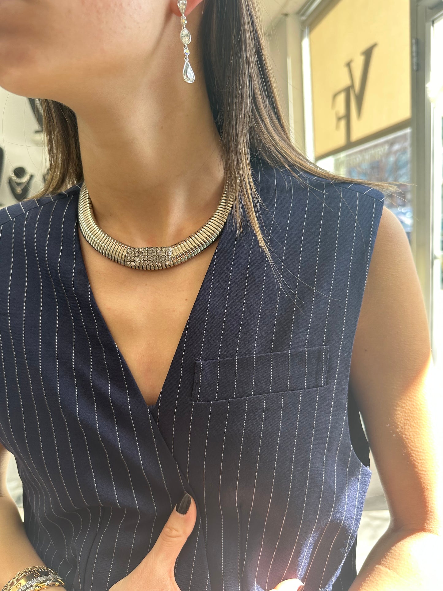 Silver Omega Necklace with Diamonds