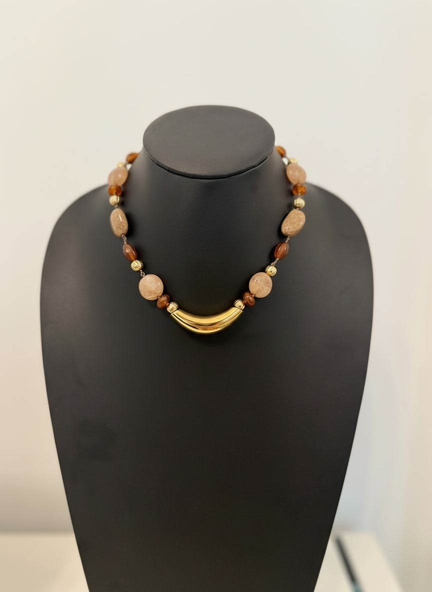 Brown Peach And Gold Bar Beaded Necklace