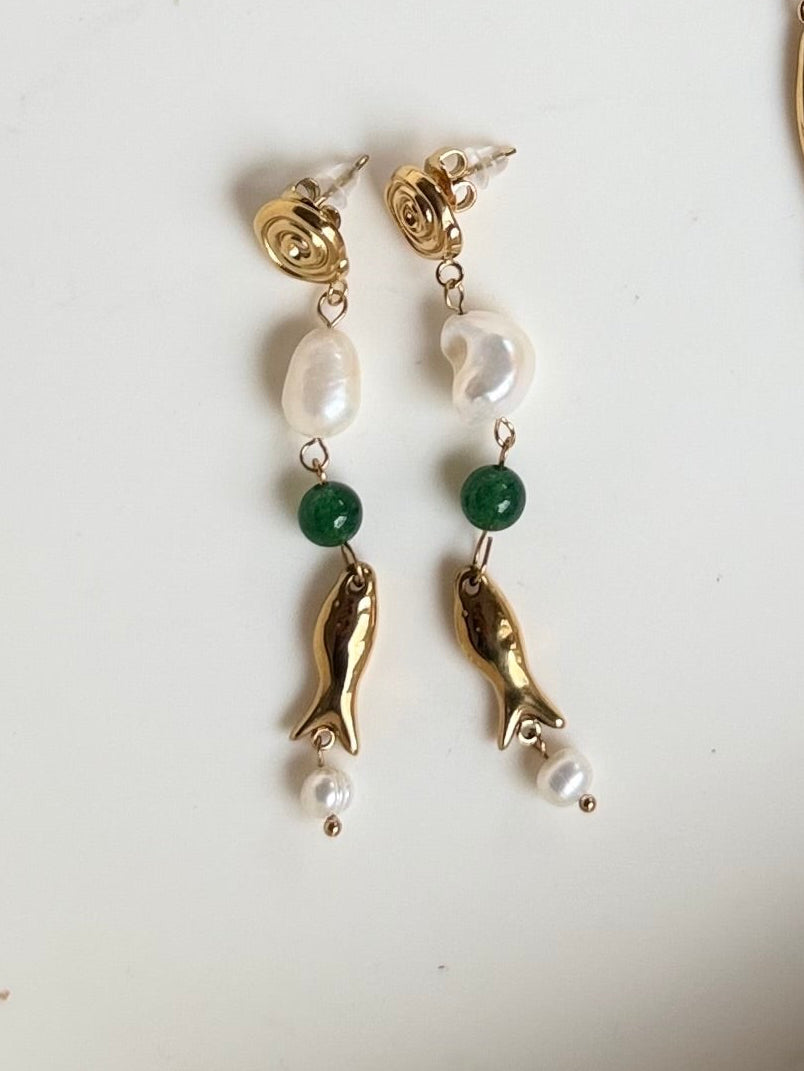 Pearl Green Bead Fish Earrings