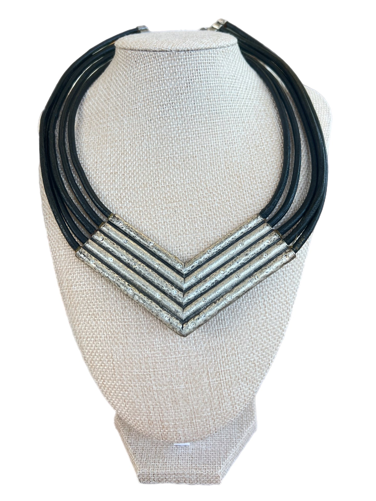 Black Leather And Silver V With Mini Crystal Choker Necklace