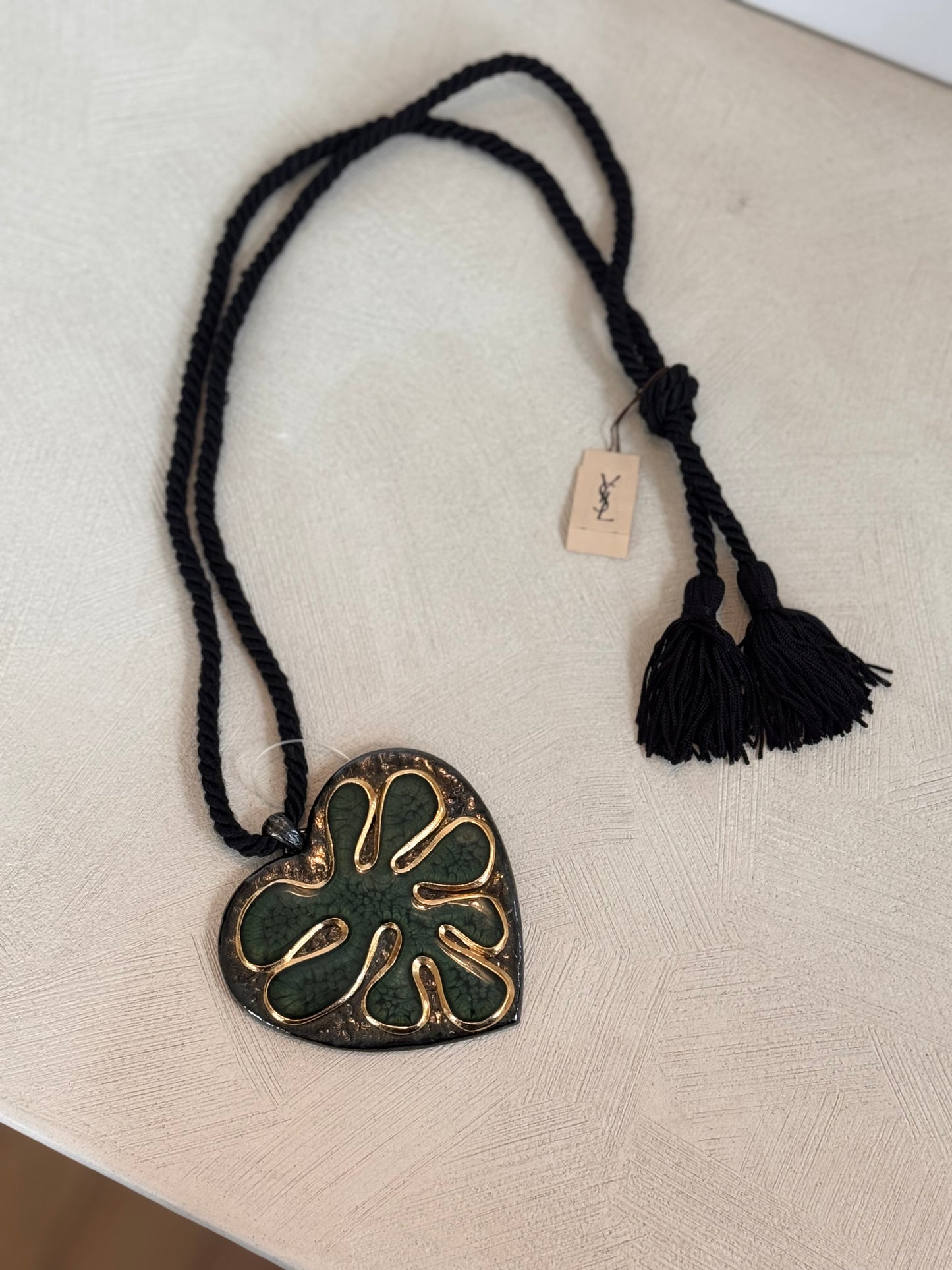 YSL Vintage Green Heart With Tassel Cord Necklace