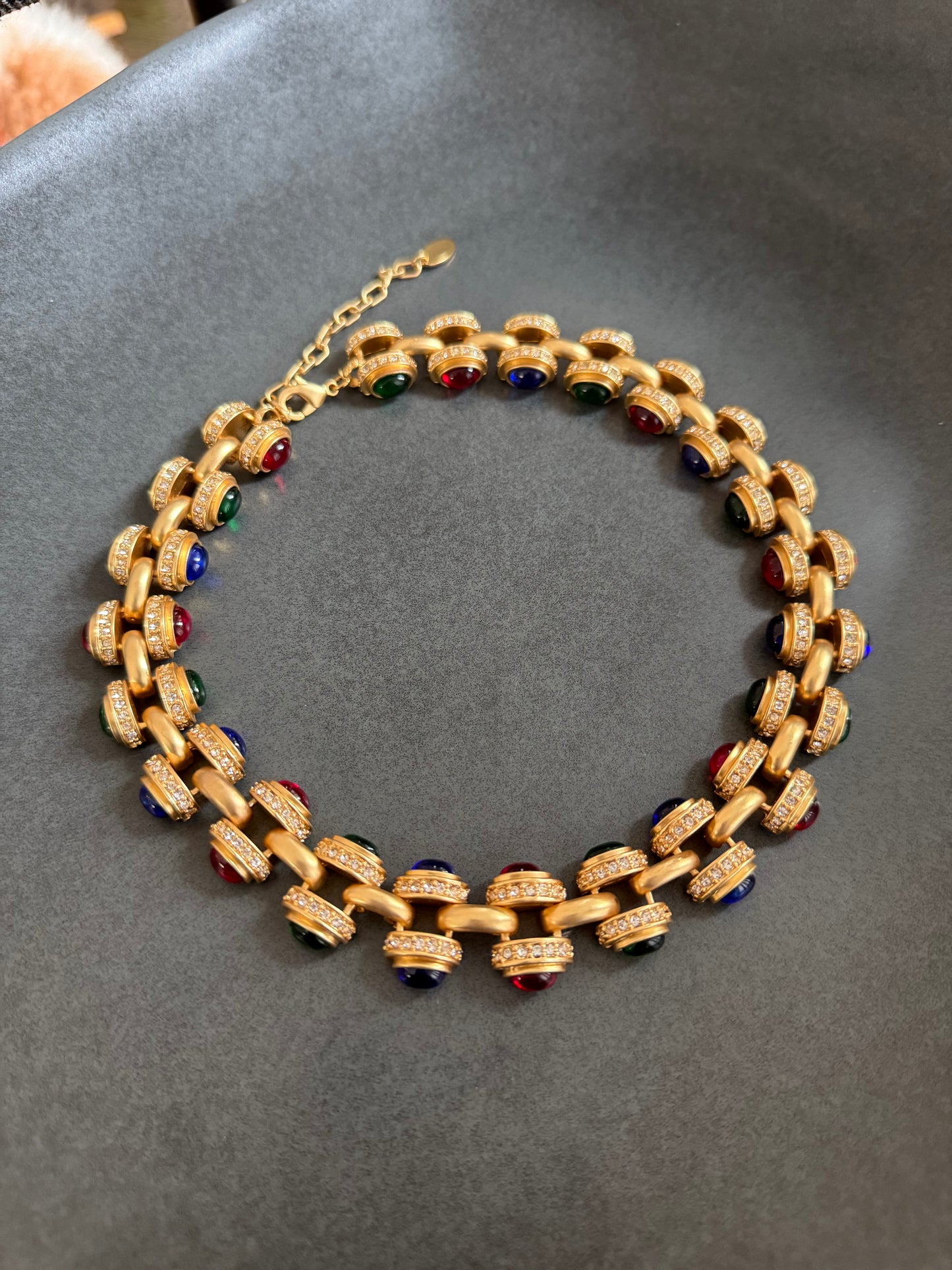 Green, Blue & Red Glass Cabochons, Rhinestones & Gold Plated Signed Necklace