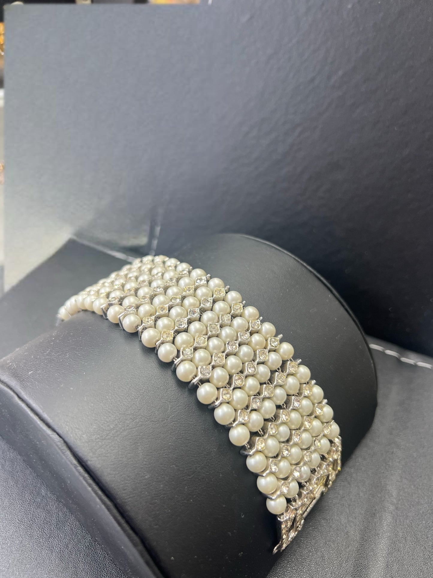 Vintage Pearl & Rhinestone Wide Statement Bracelet