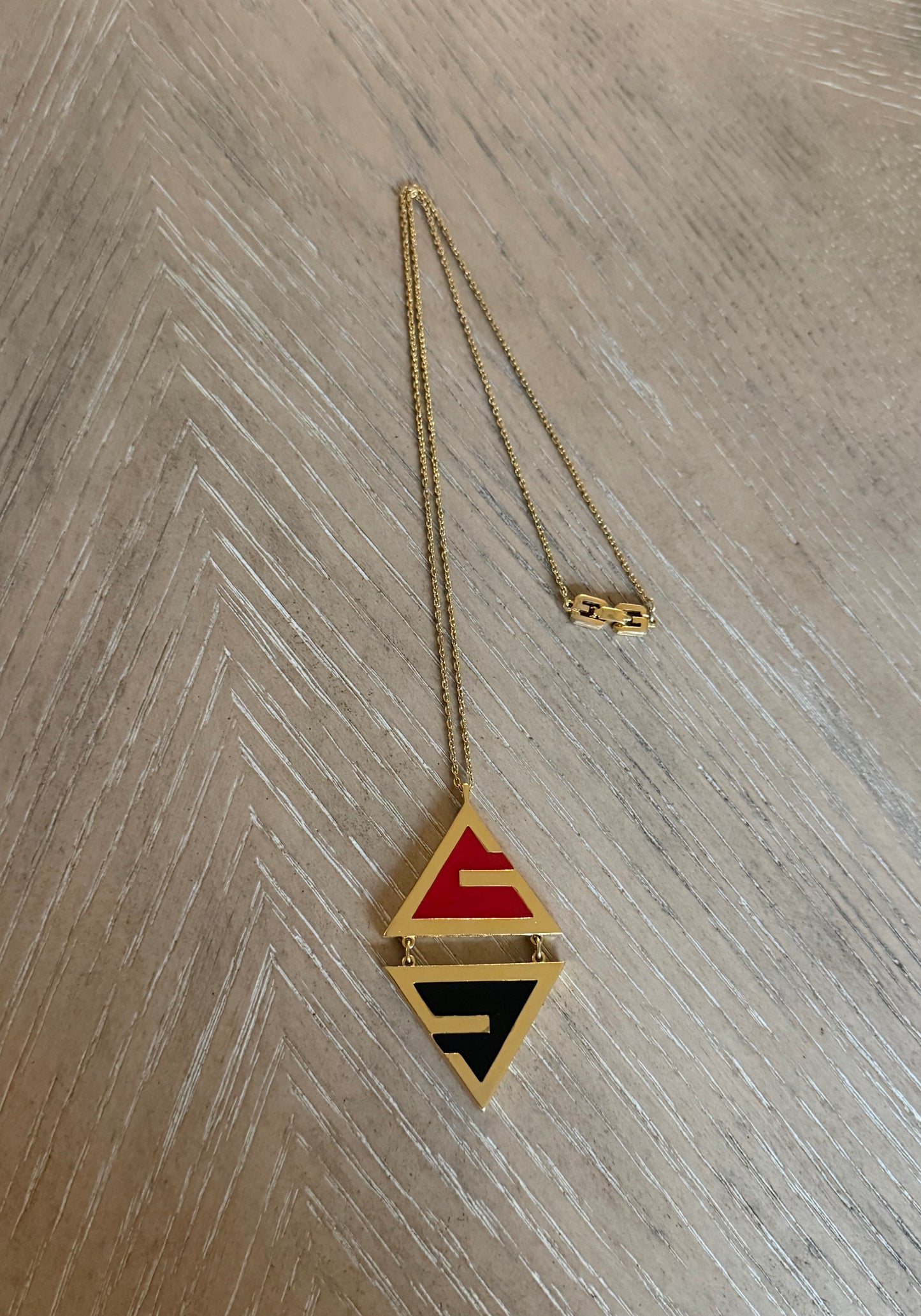 Vintage Givenchy Red & Black Enamel Triangle Logo Pendant Necklace