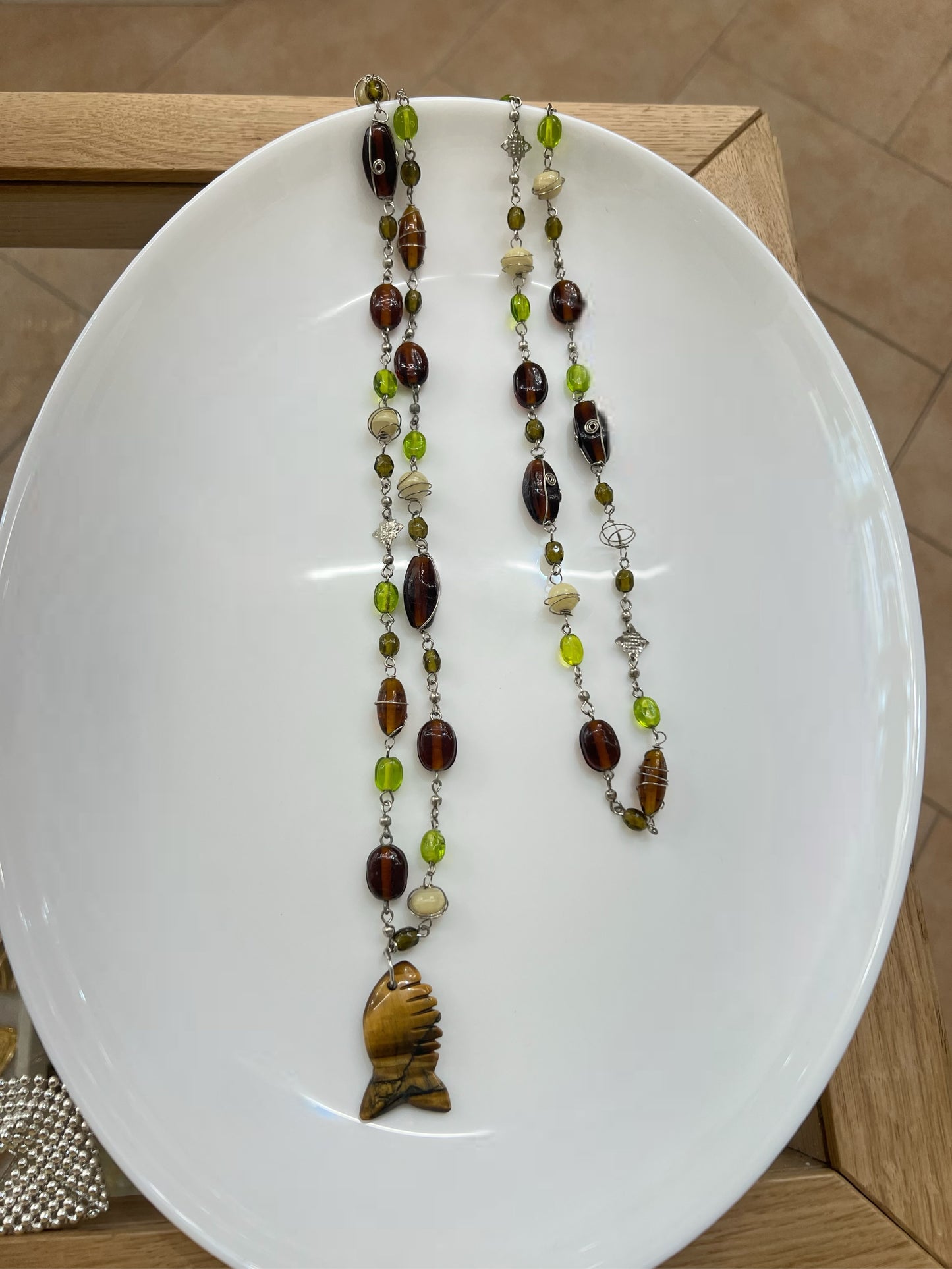 Brown and Green Beaded Fish Necklace