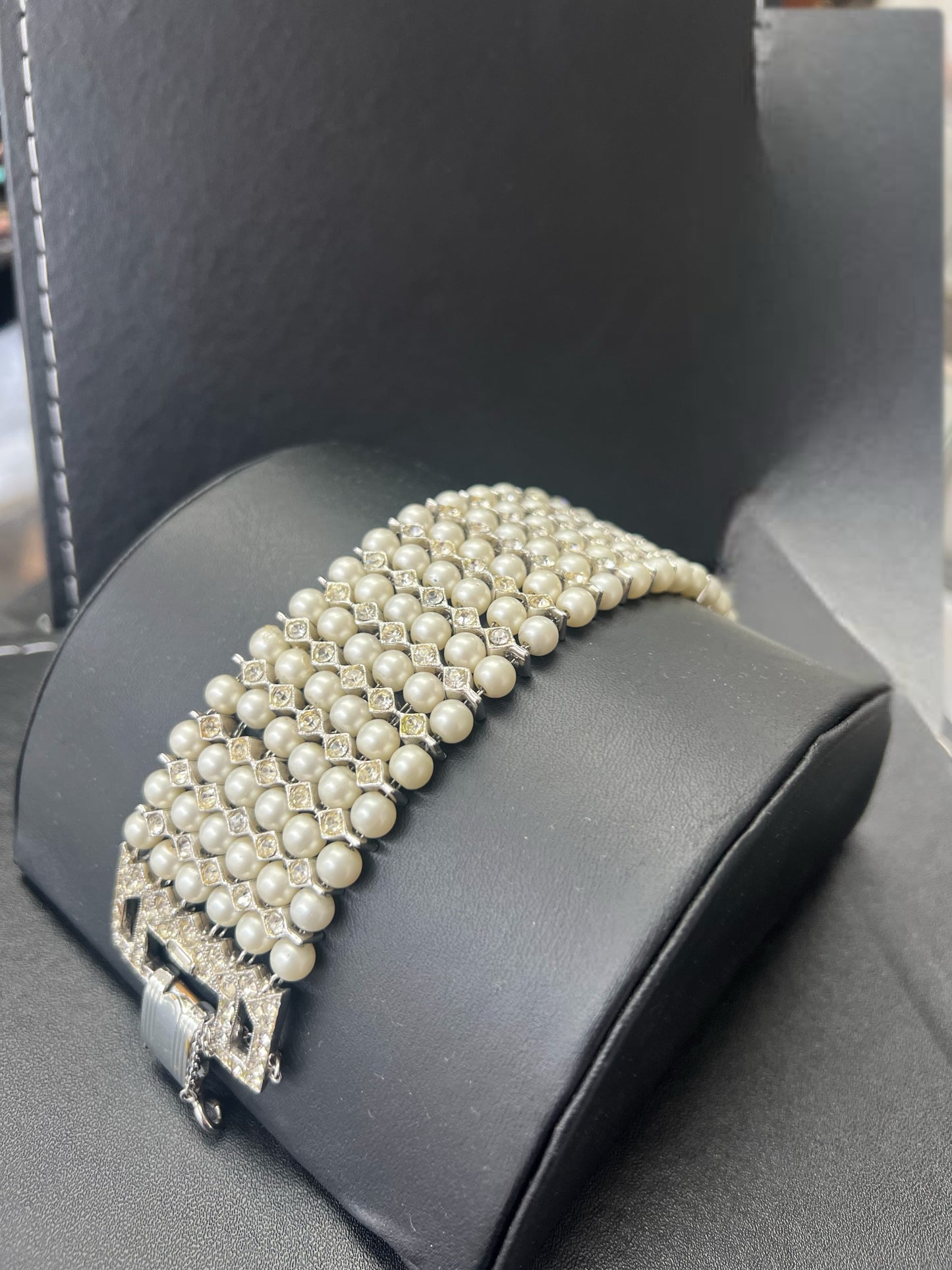 Vintage Pearl & Rhinestone Wide Statement Bracelet