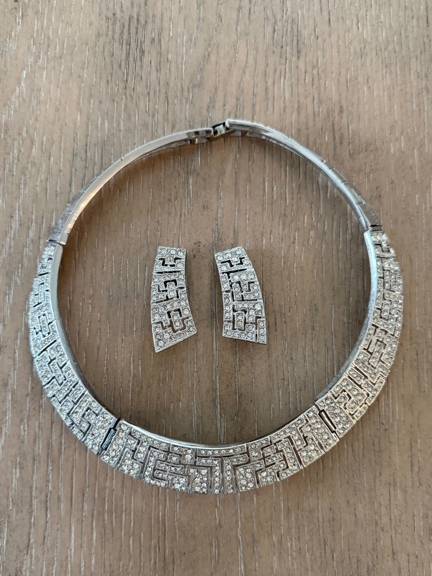 Vintage Silver Tone Collar Rhinestones Necklace And Earrings