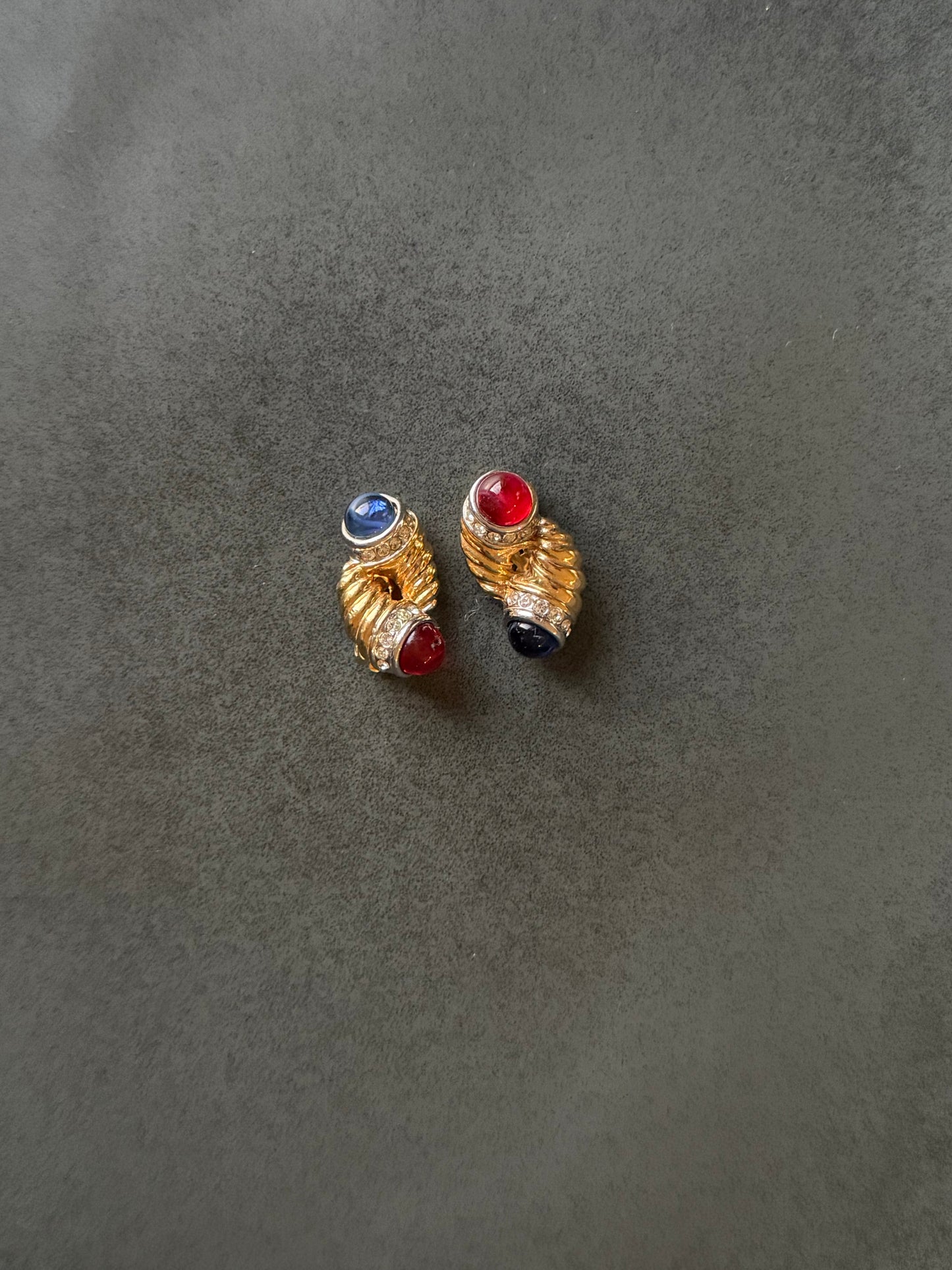 Vintage Gripoix Mogul Earrings Red & Blue Cabochon Clear Rhinestones Clip On