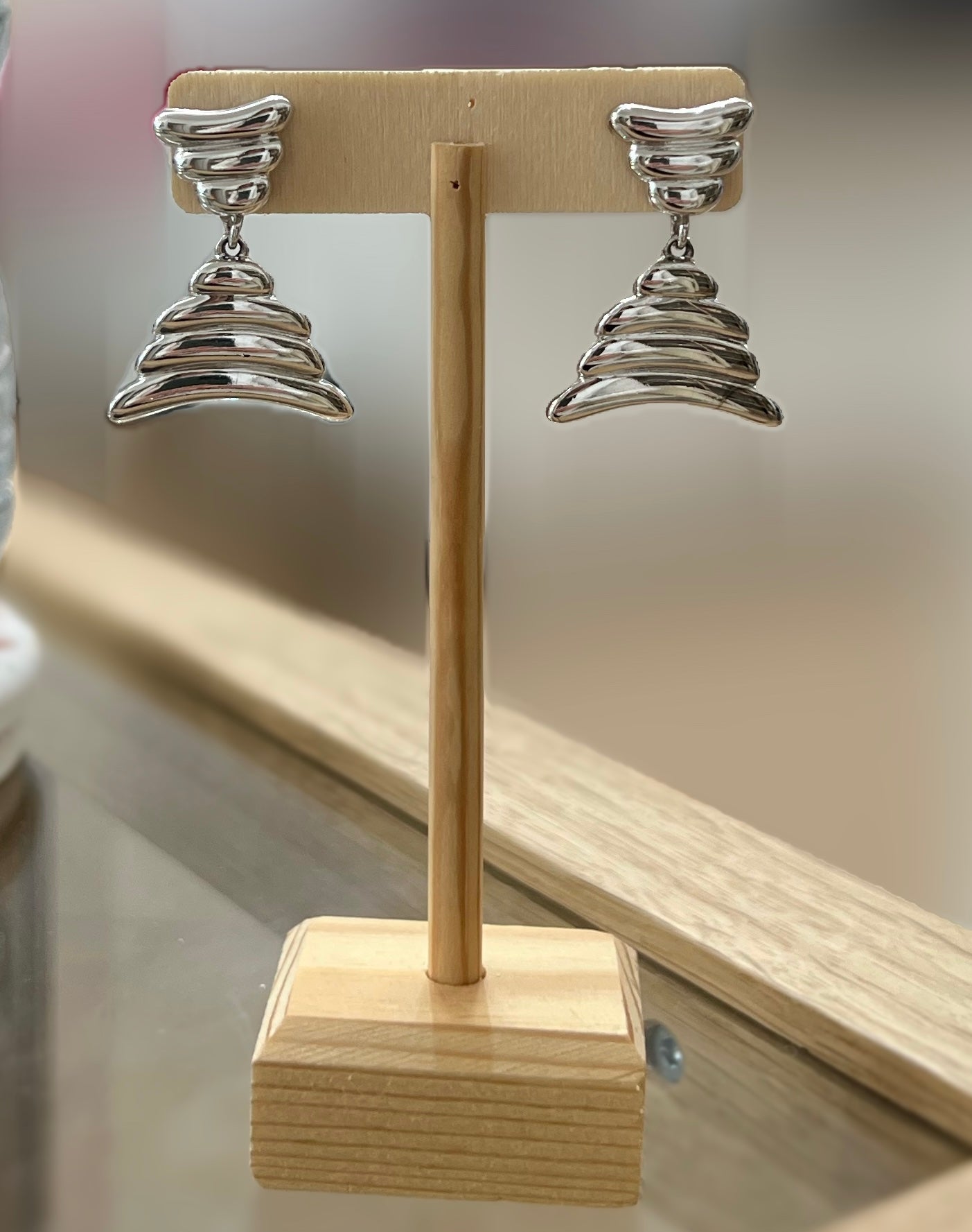 Silver Double Triangle Ribbed Earrings